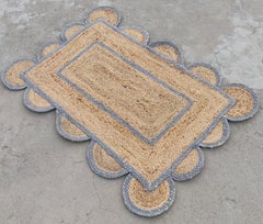 Handmade Jute Area Flat Weave Rug, 2x3 Jute Grey Border Scalloped Indian Dhurrie