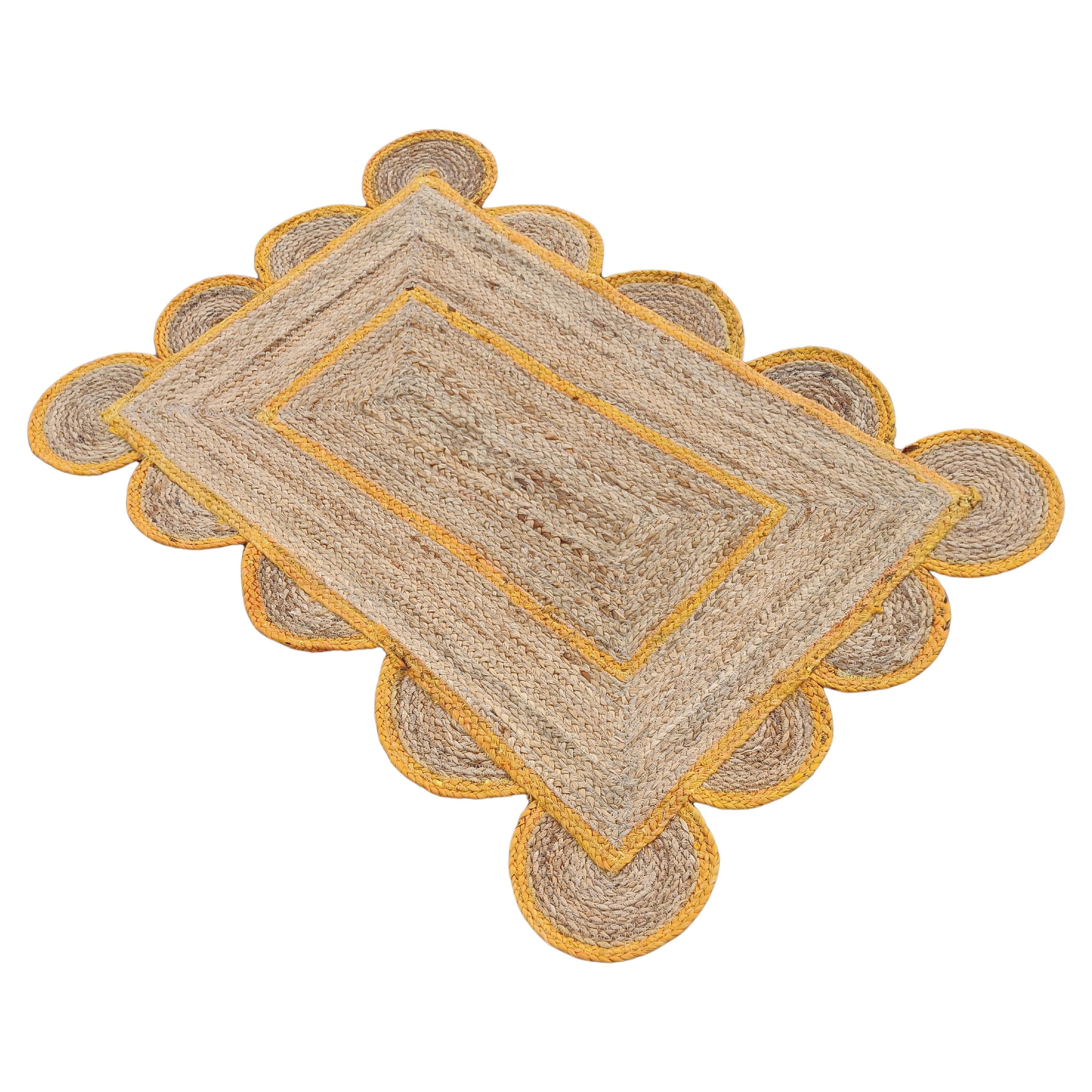 Handmade Jute Area Flat Weave Rug, 2x3 Jute Orange Border Scallop Indian Dhurrie For Sale