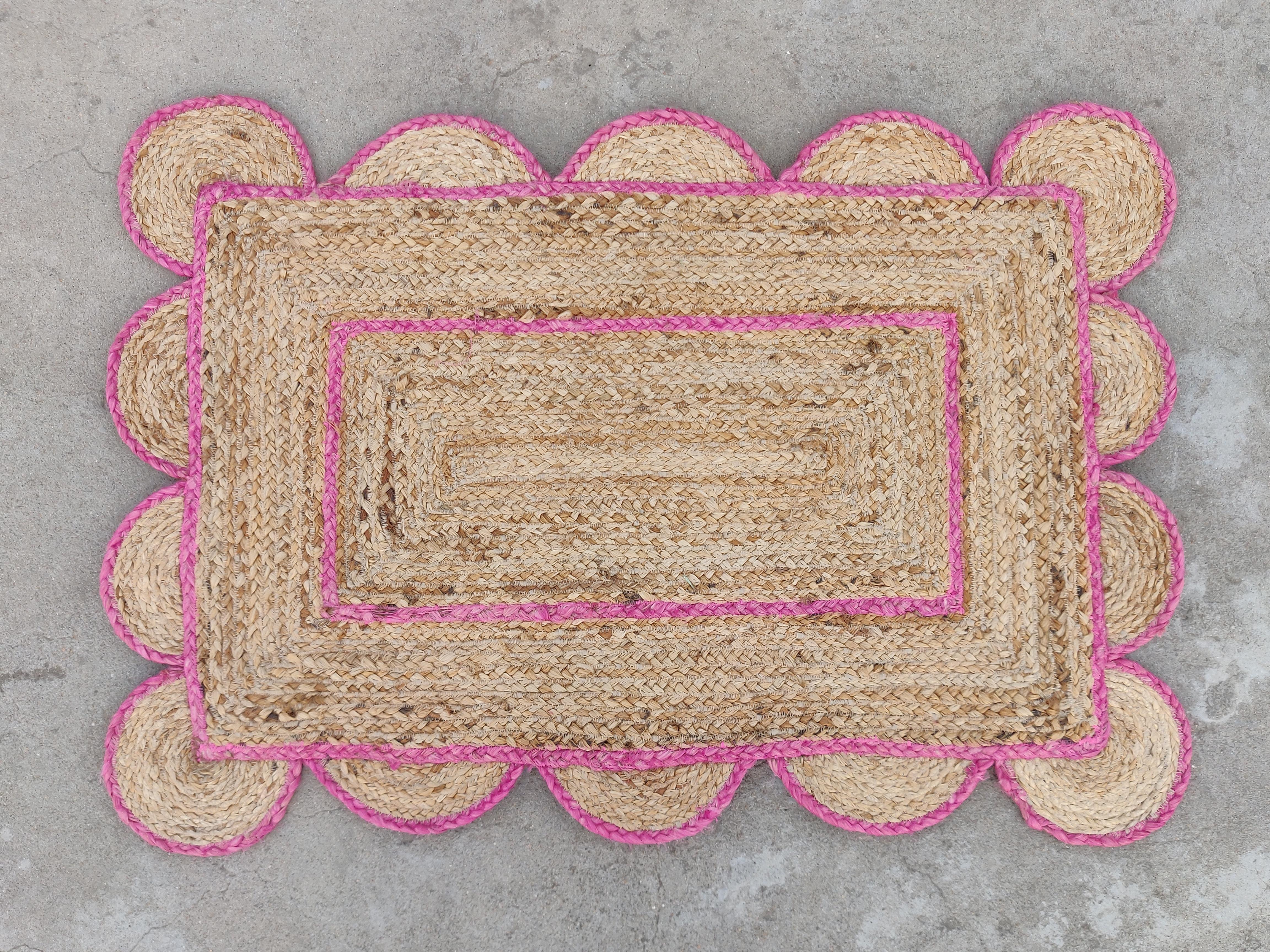 Contemporary Handmade Jute Area Flat Weave Rug, 2x3 Jute Pink Border Scalloped Indian Dhurrie For Sale