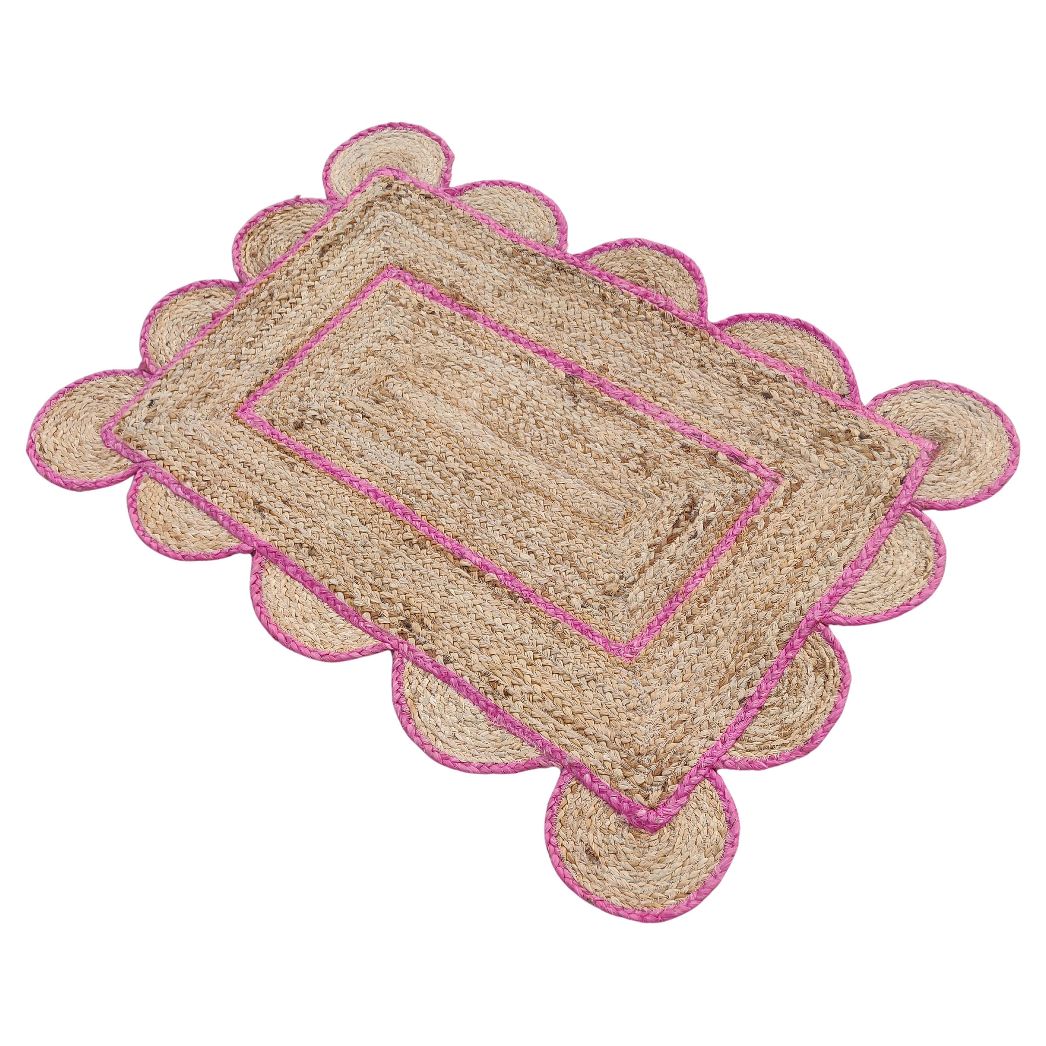 Handmade Jute Area Flat Weave Rug, 2x3 Jute Pink Border Scalloped Indian Dhurrie For Sale