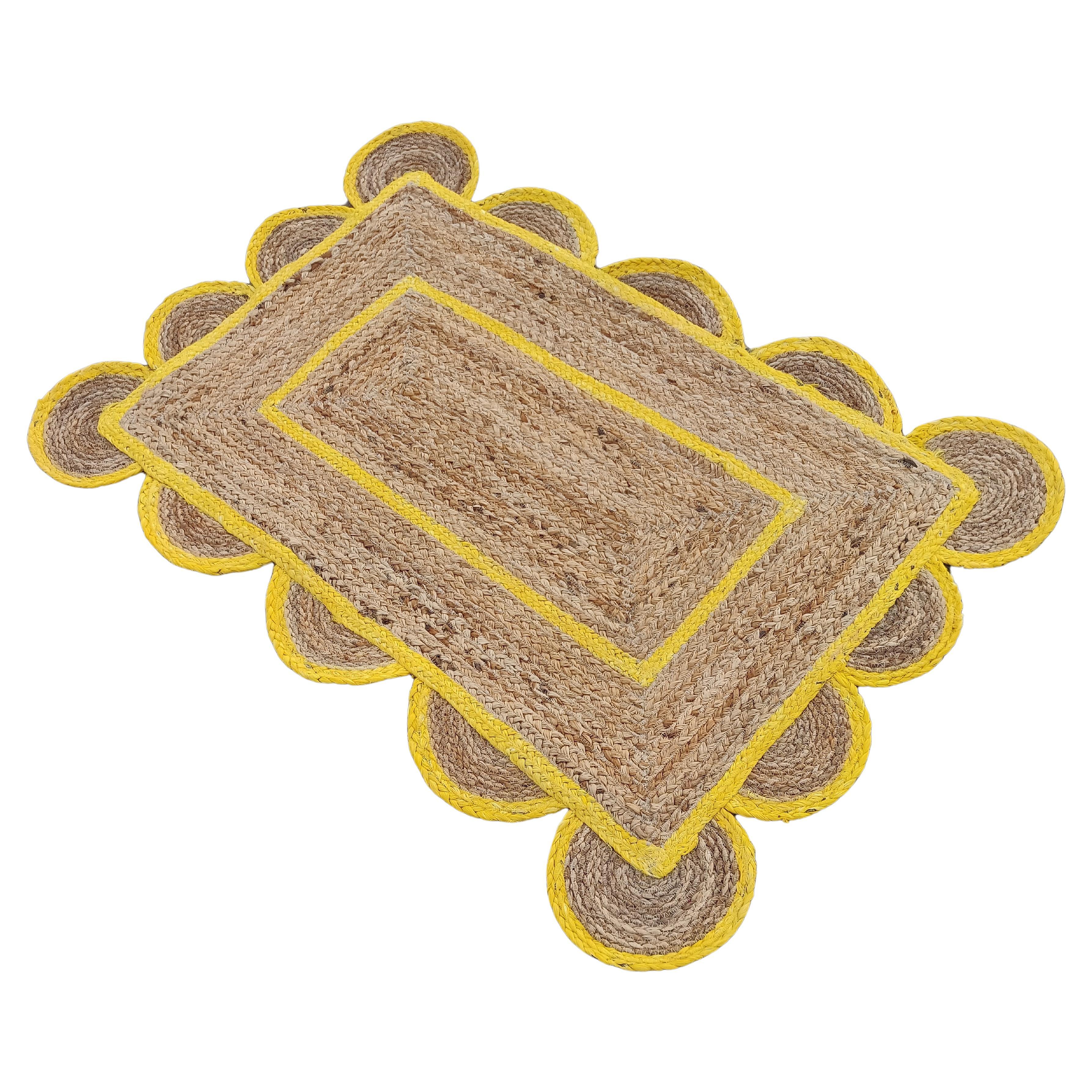Handmade Jute Area Flat Weave Rug, 2x3 Jute Yellow Border Scallop Indian Dhurrie For Sale