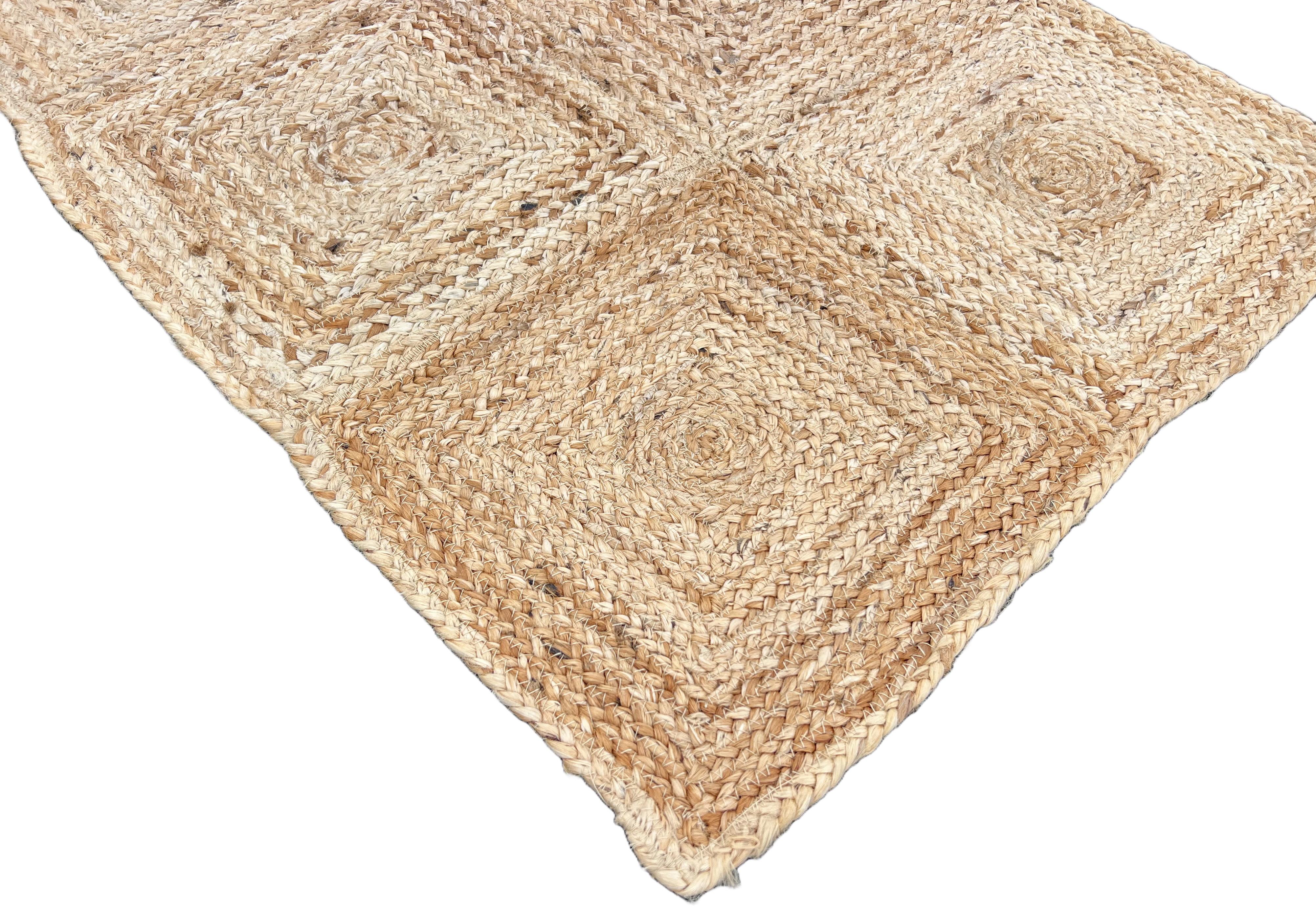Mid-Century Modern Tapis de sol en jute fait main, 2x3 Jute solide à carreaux Indian Dhurrie Kilim en vente