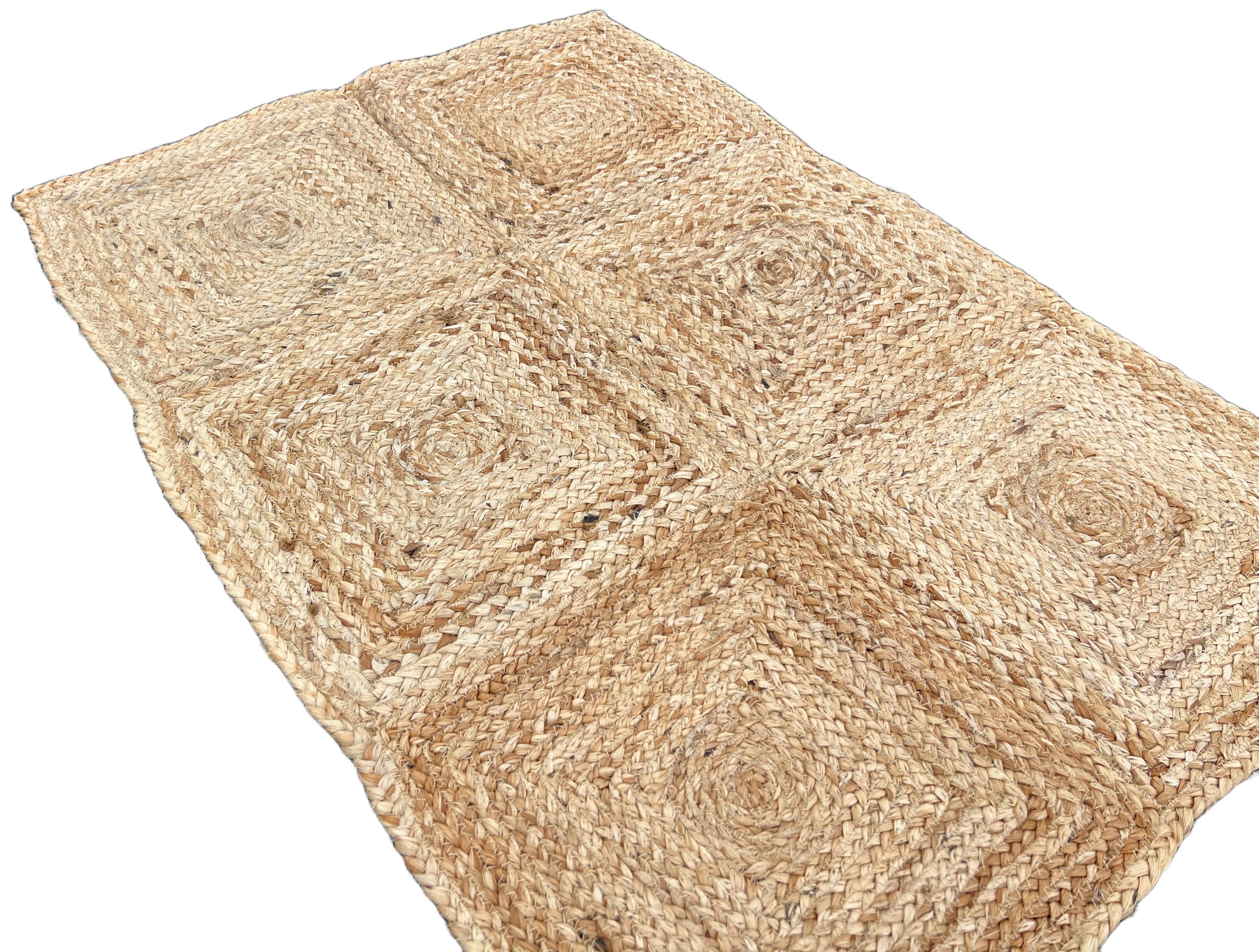 Tissé à la main Tapis de sol en jute fait main, 2x3 Jute solide à carreaux Indian Dhurrie Kilim en vente