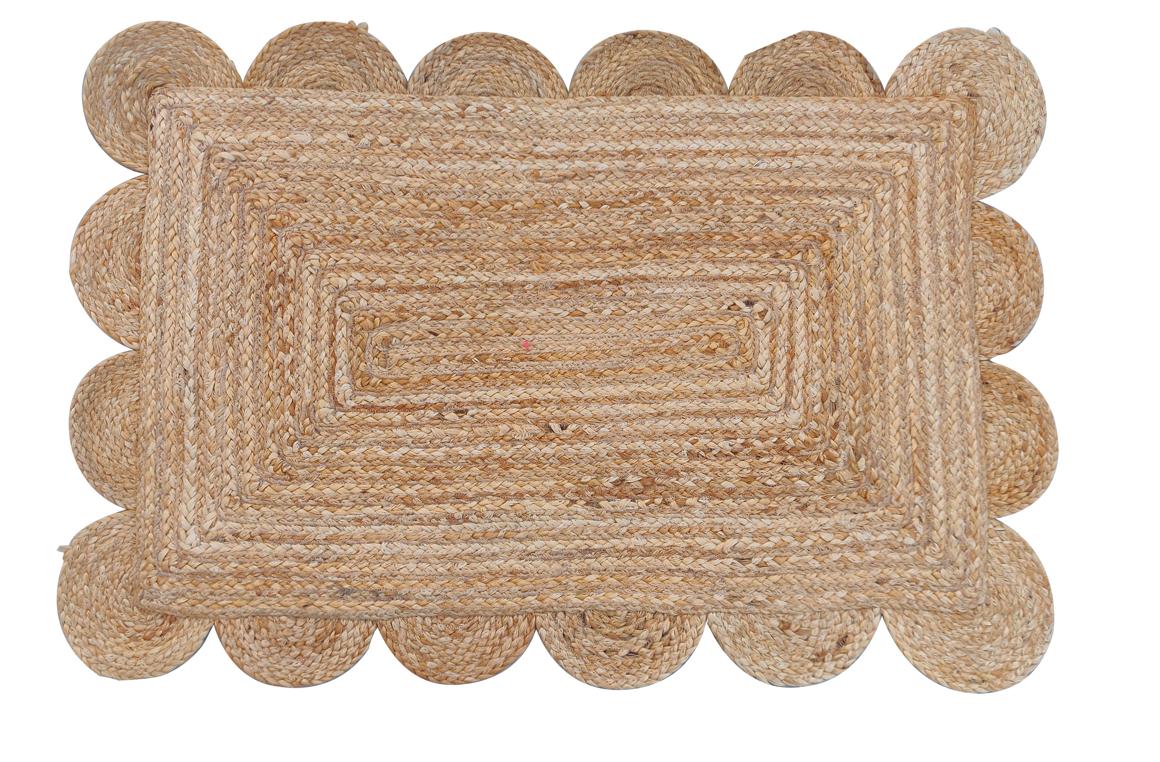 Hand-Woven Handmade Jute Area Flat Weave Rug, 2x3 Solid Jute Scalloped Indian Dhurrie Rug For Sale