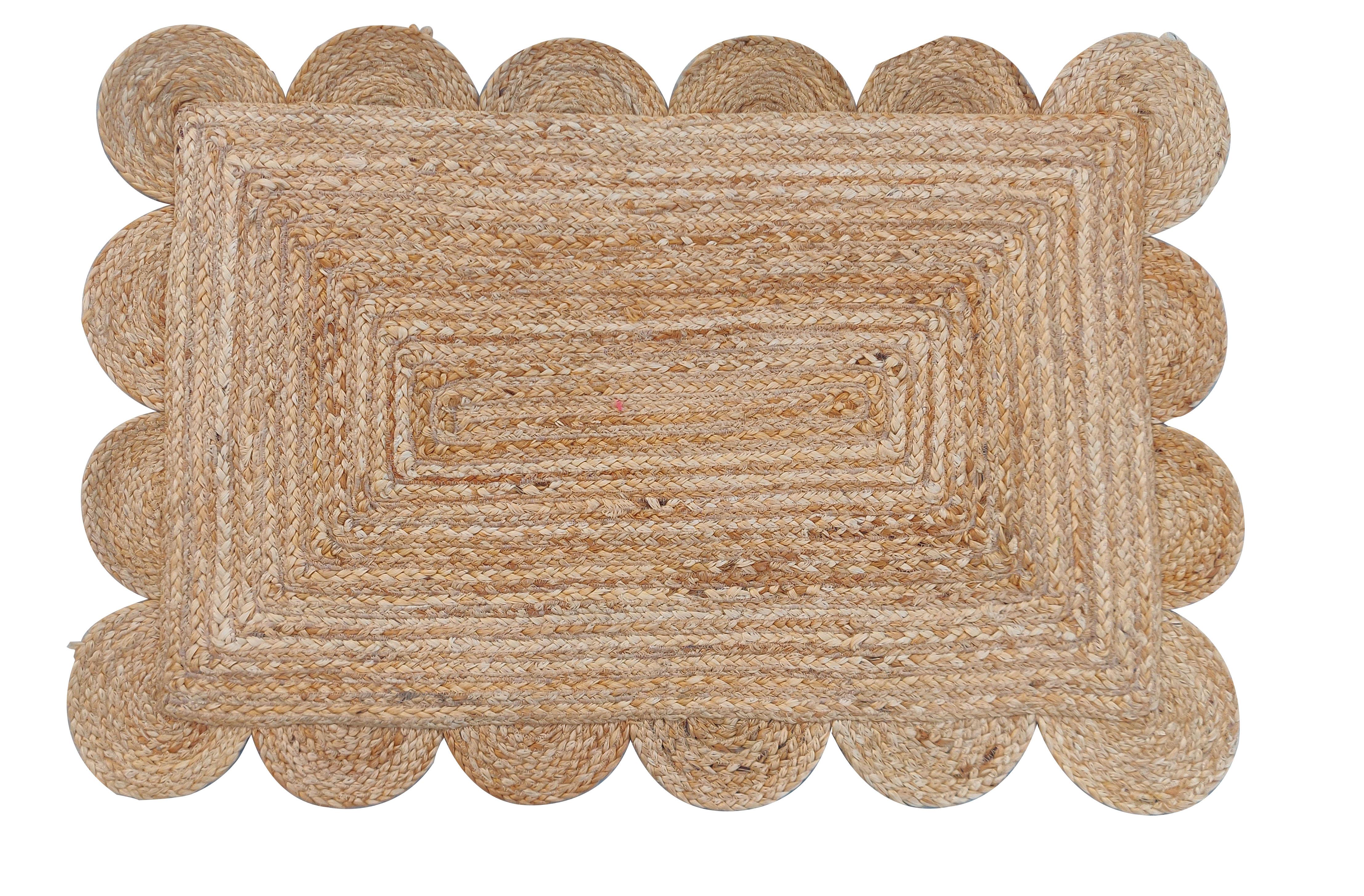 Handgemachte Jute Bereich Flachgewebe Teppich, 2x3 Solid Jute Scalloped indischen Dhurrie Teppich (Indisch) im Angebot