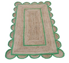 Handmade Jute Area Flat Weave Rug, 3x5 Green Jute Scalloped Indian Dhurrie Rug