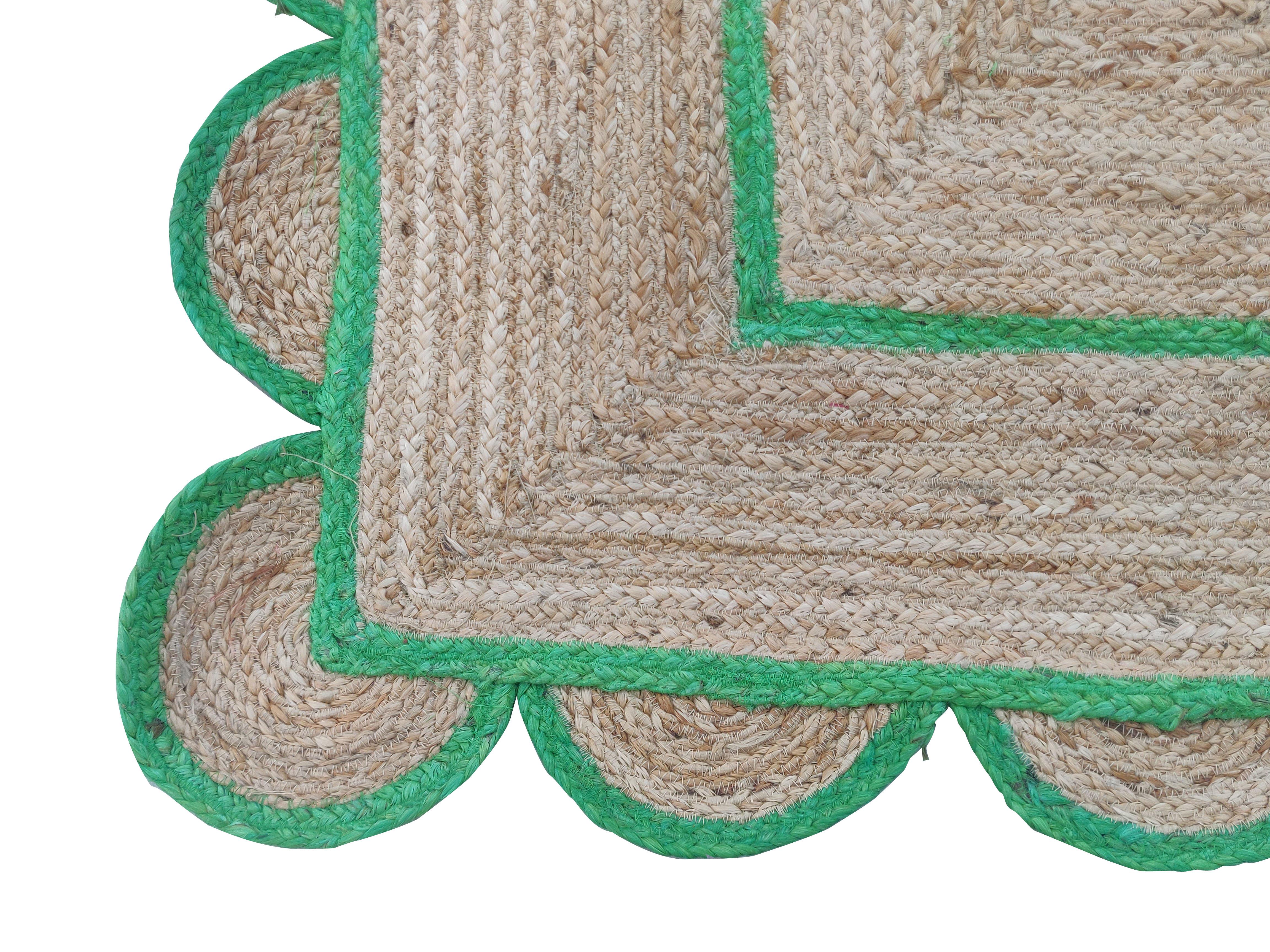 Handgefertigter Flachgewebe-Teppich aus Jute, 3x5 Grüner Jute-Teppich mit Wellenschliff Indischer Dhurrie-Teppich (Moderne der Mitte des Jahrhunderts) im Angebot