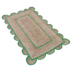 Handmade Jute Area Flat Weave Rug, 3x5 Green Jute Scalloped Indian Dhurrie Rug