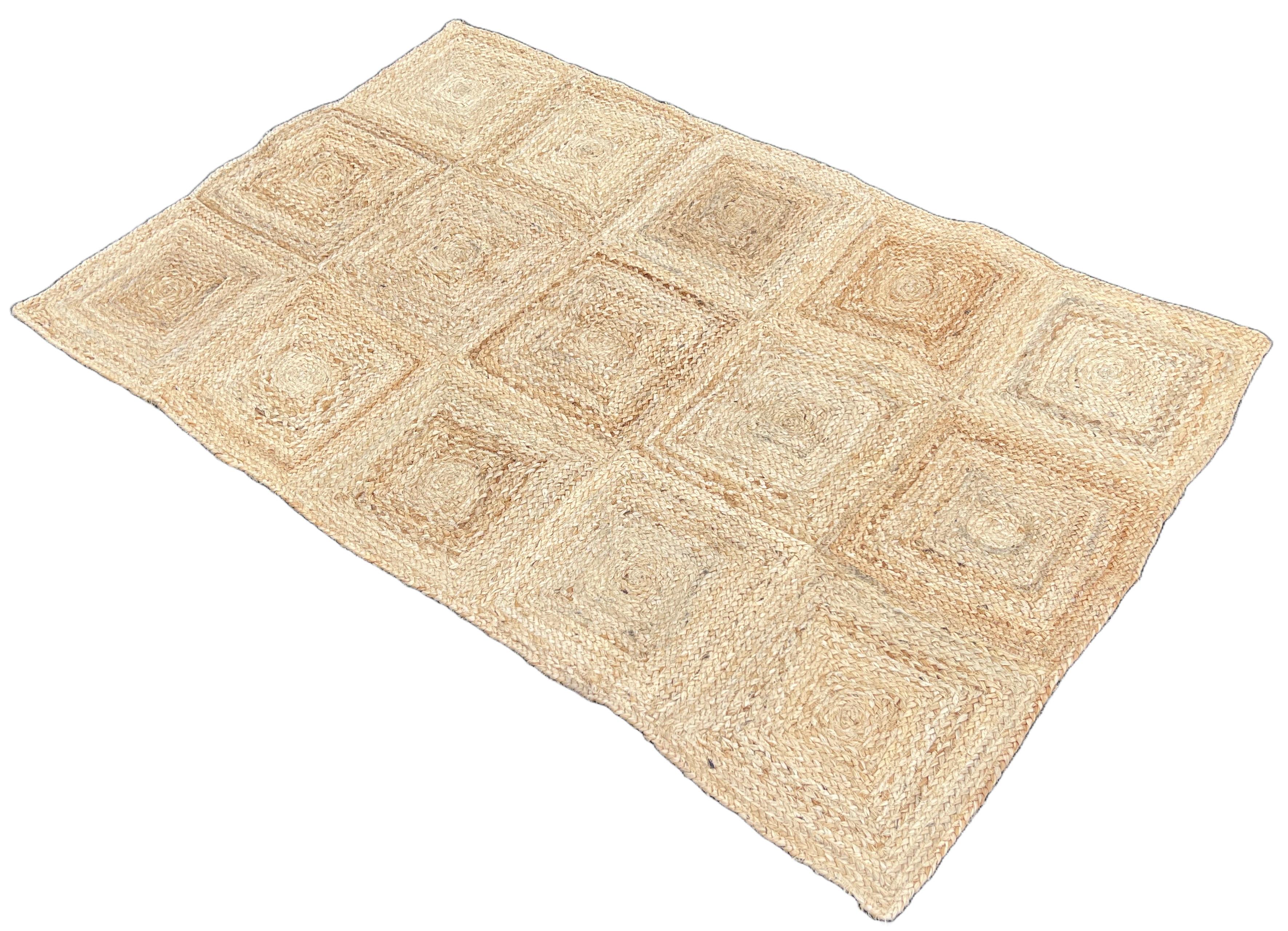 Handmade Jute Area Flat Weave Rug, 3x5 Solid Jute Checked Indian Dhurrie Kilim