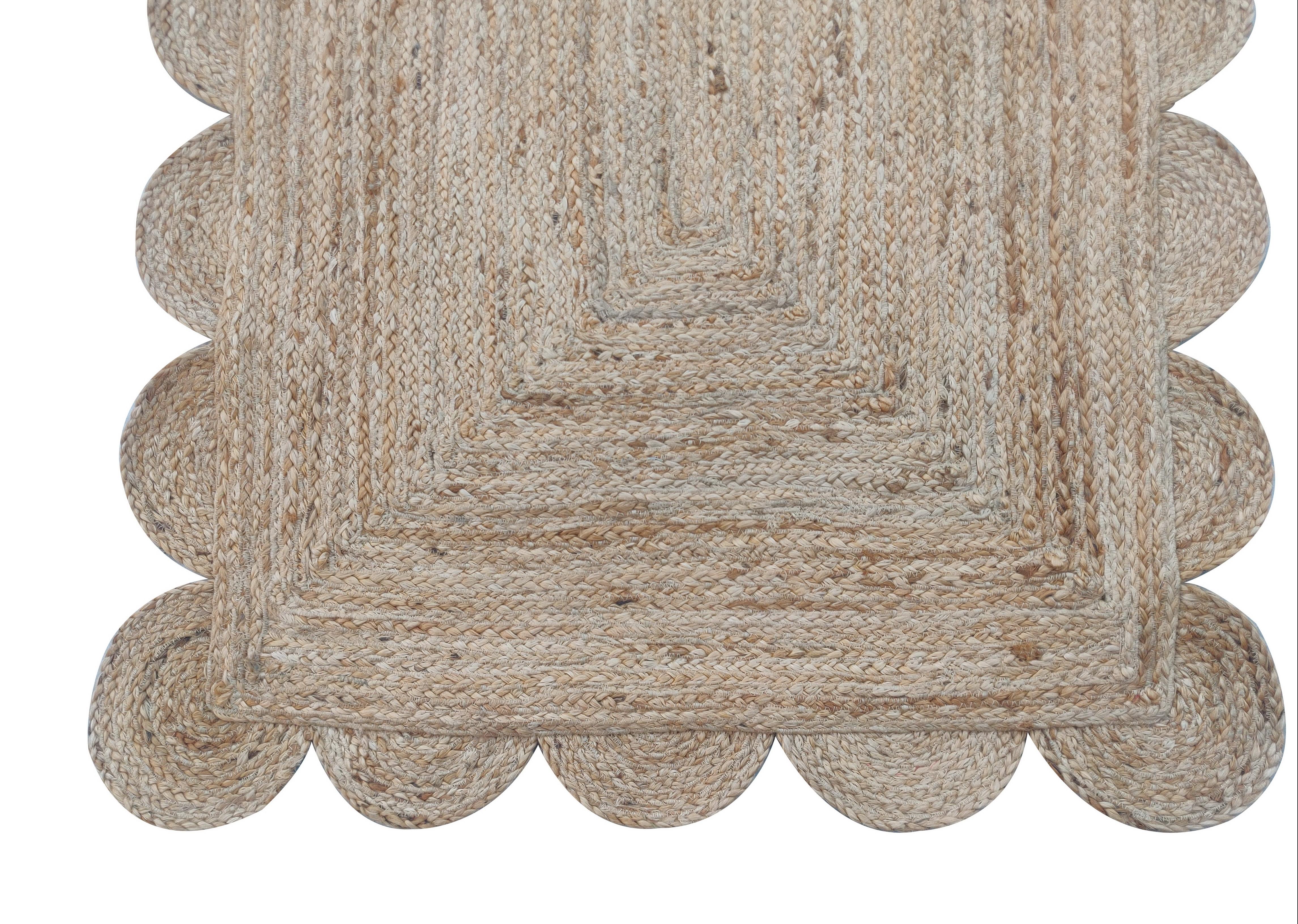 Mid-Century Modern Handmade Jute Area Flat Weave Rug, 3x5 Solid Jute Scalloped Indian Dhurrie Rug For Sale