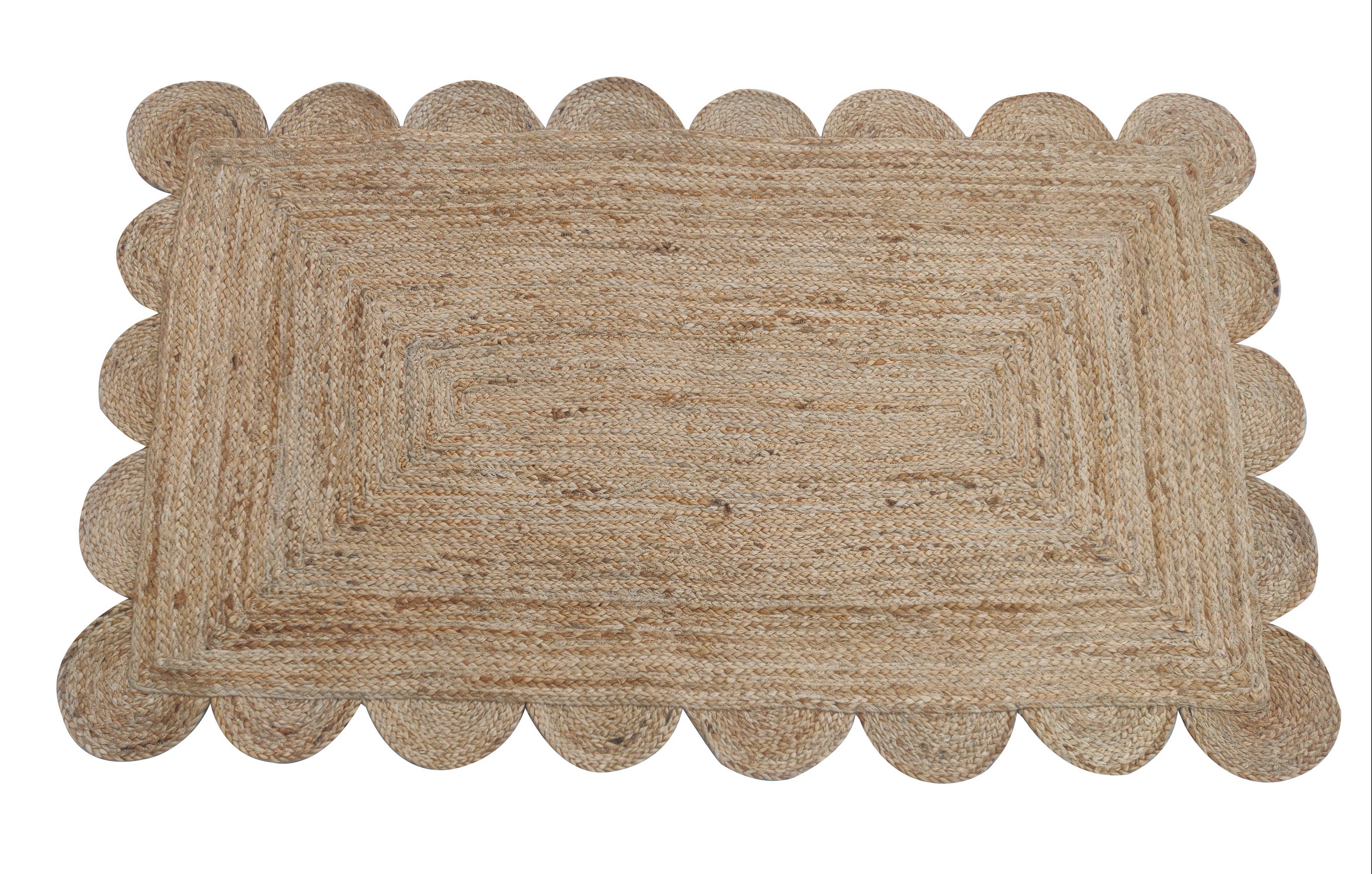 Hand-Woven Handmade Jute Area Flat Weave Rug, 3x5 Solid Jute Scalloped Indian Dhurrie Rug For Sale
