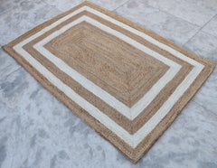 Tapis de sol en jute tissé à plat, 4x6 Jute et bordures blanches Indian Dhurrie