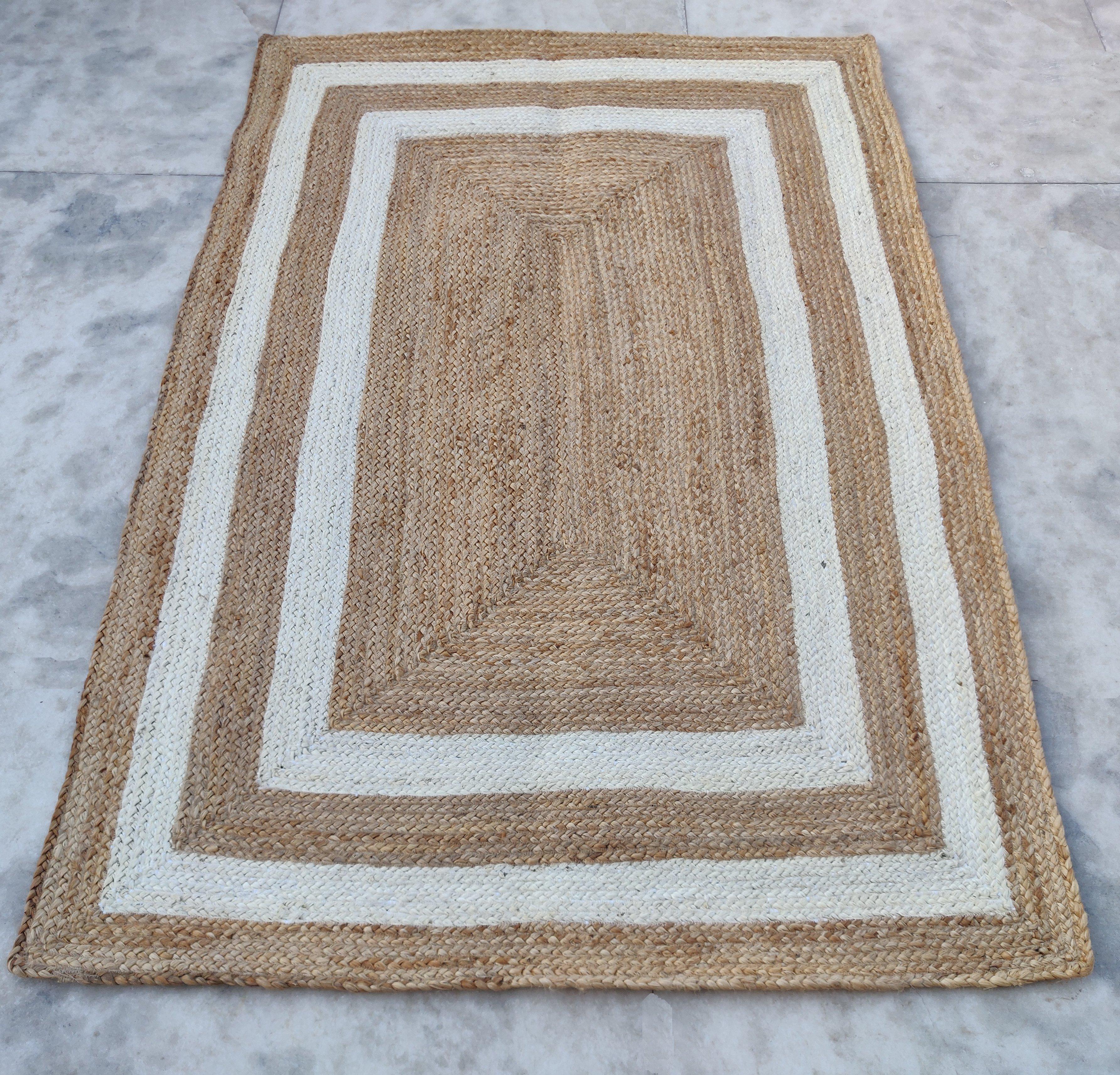 Hand-Woven Handmade Jute Area Flat Weave Rug, 4x6 Jute And White Bordered Indian Dhurrie For Sale