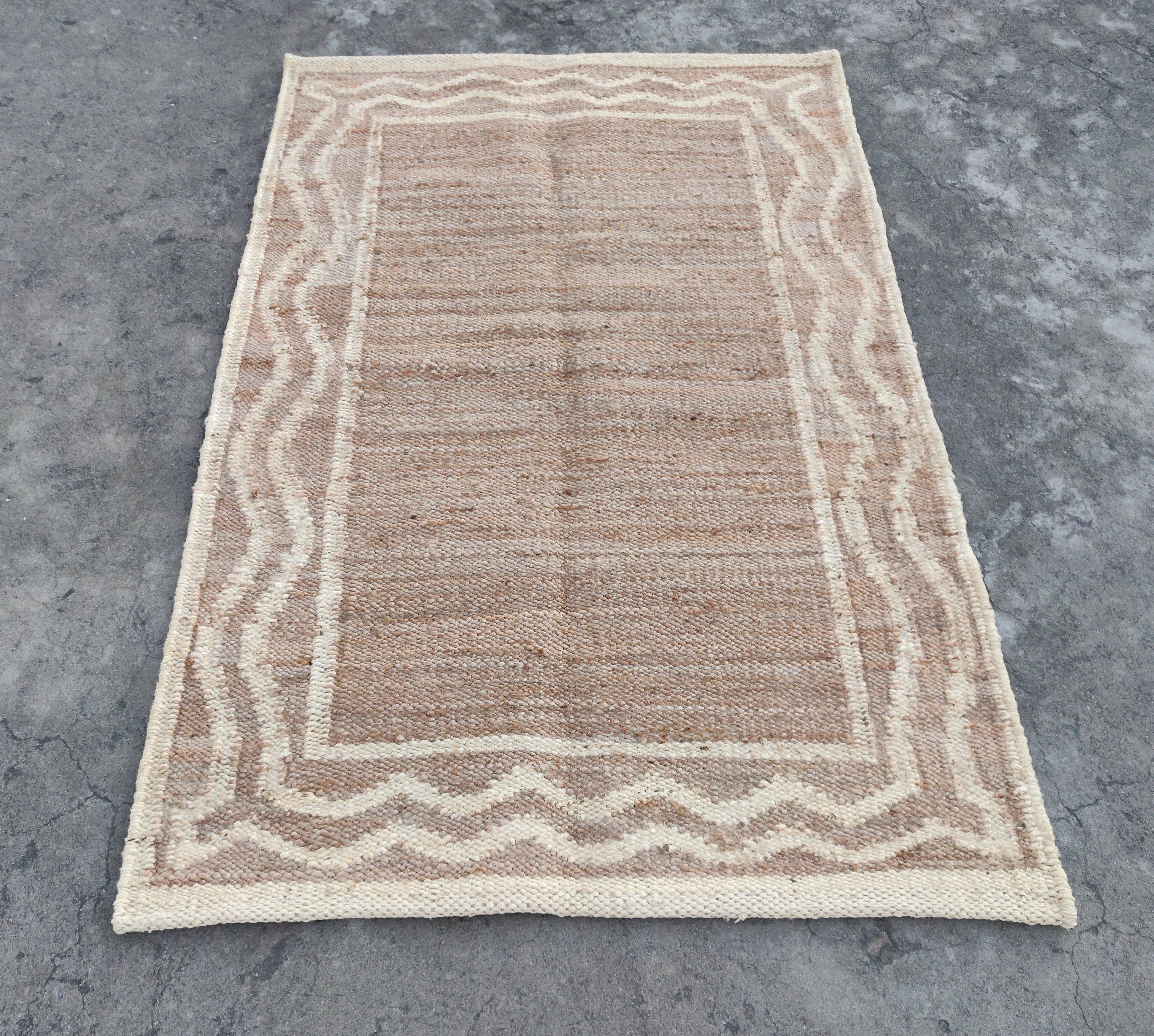 Hand-Woven Handmade Jute Area Flat Weave Rug, 4x6 Jute And White Bordered Indian Dhurrie For Sale