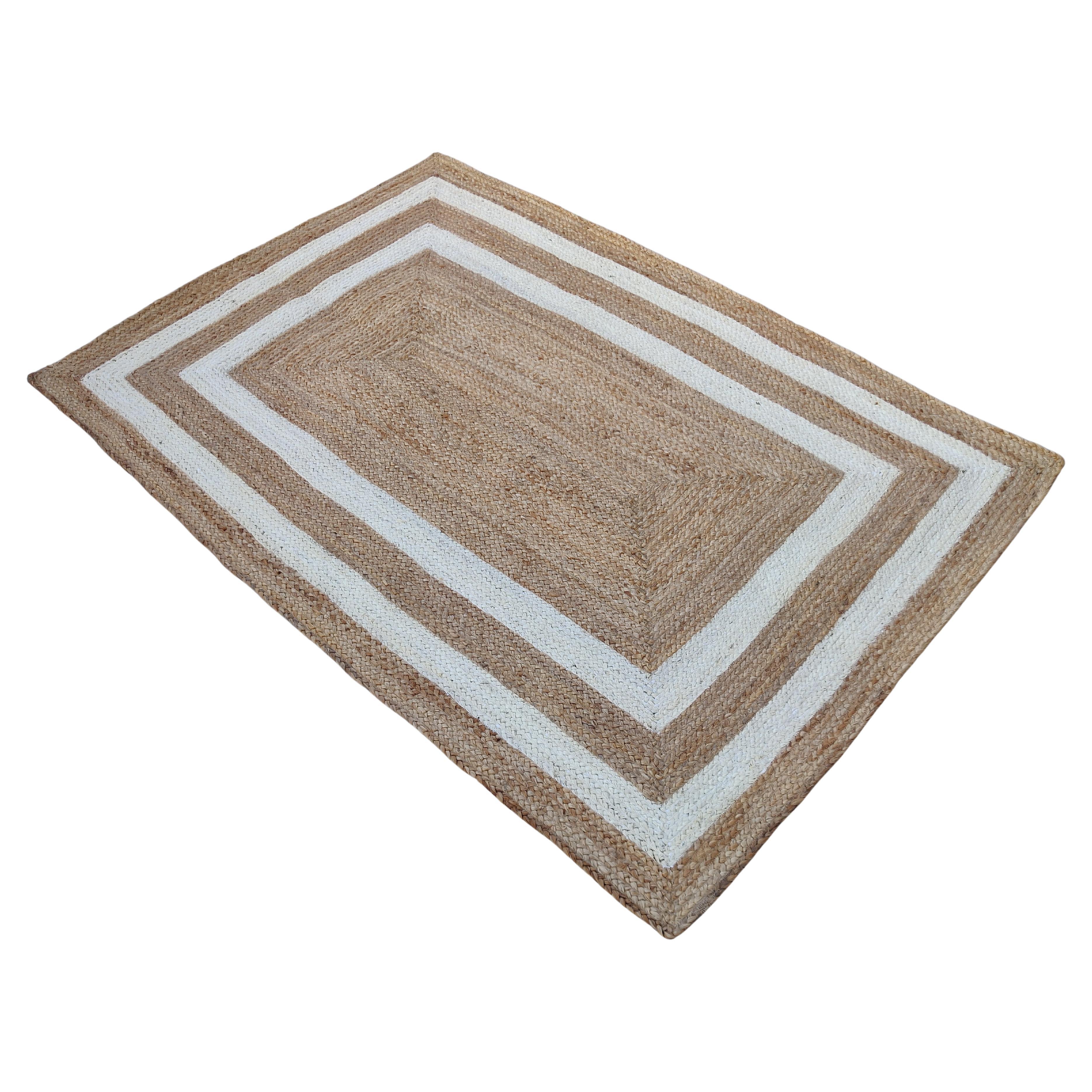 Handmade Jute Area Flat Weave Rug, 4x6 Jute And White Bordered Indian Dhurrie For Sale