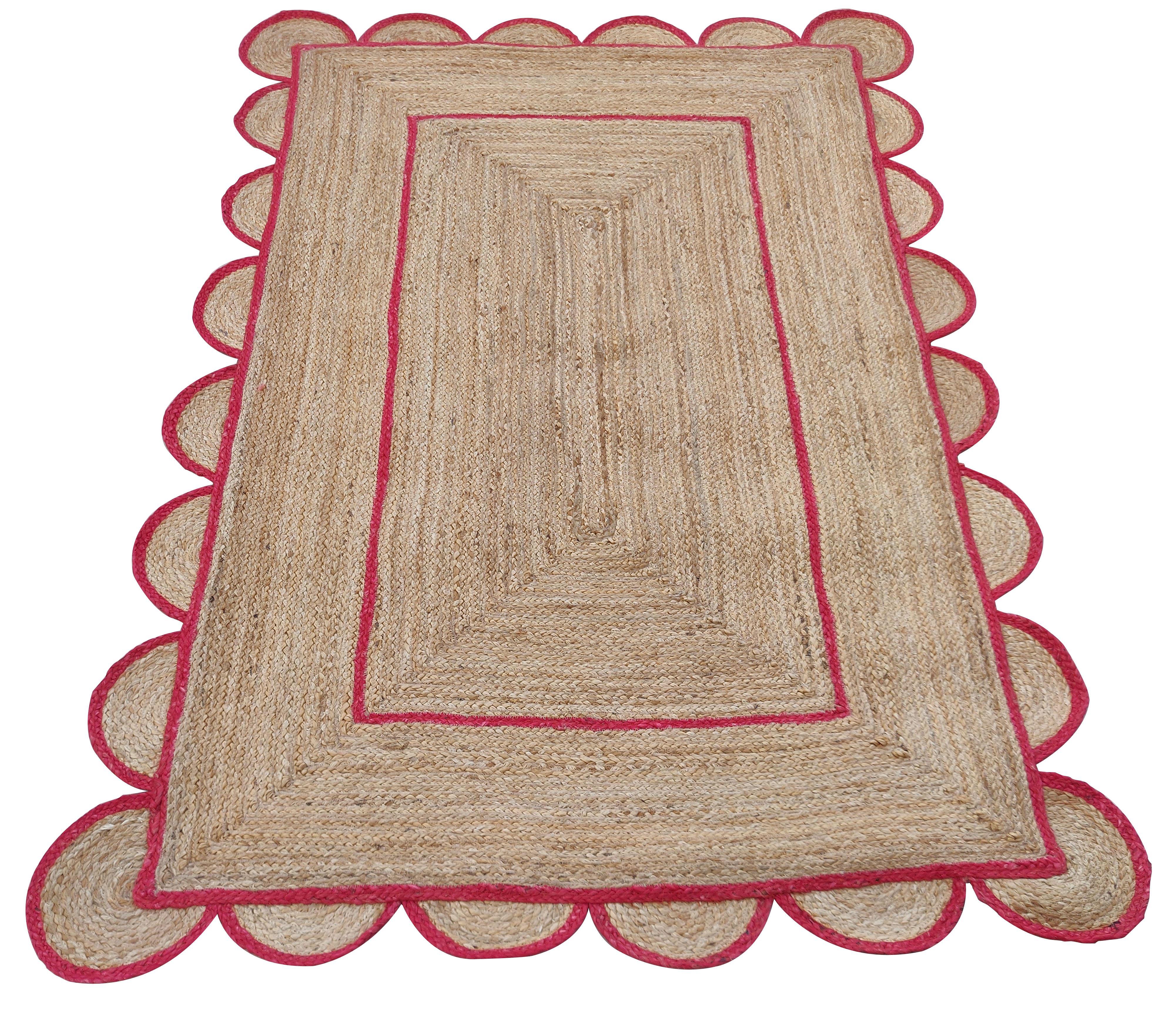 Mid-Century Modern Handmade Jute Area Flat Weave Rug, 4x6 Red And Jute Scalloped Indian Dhurrie Rug For Sale