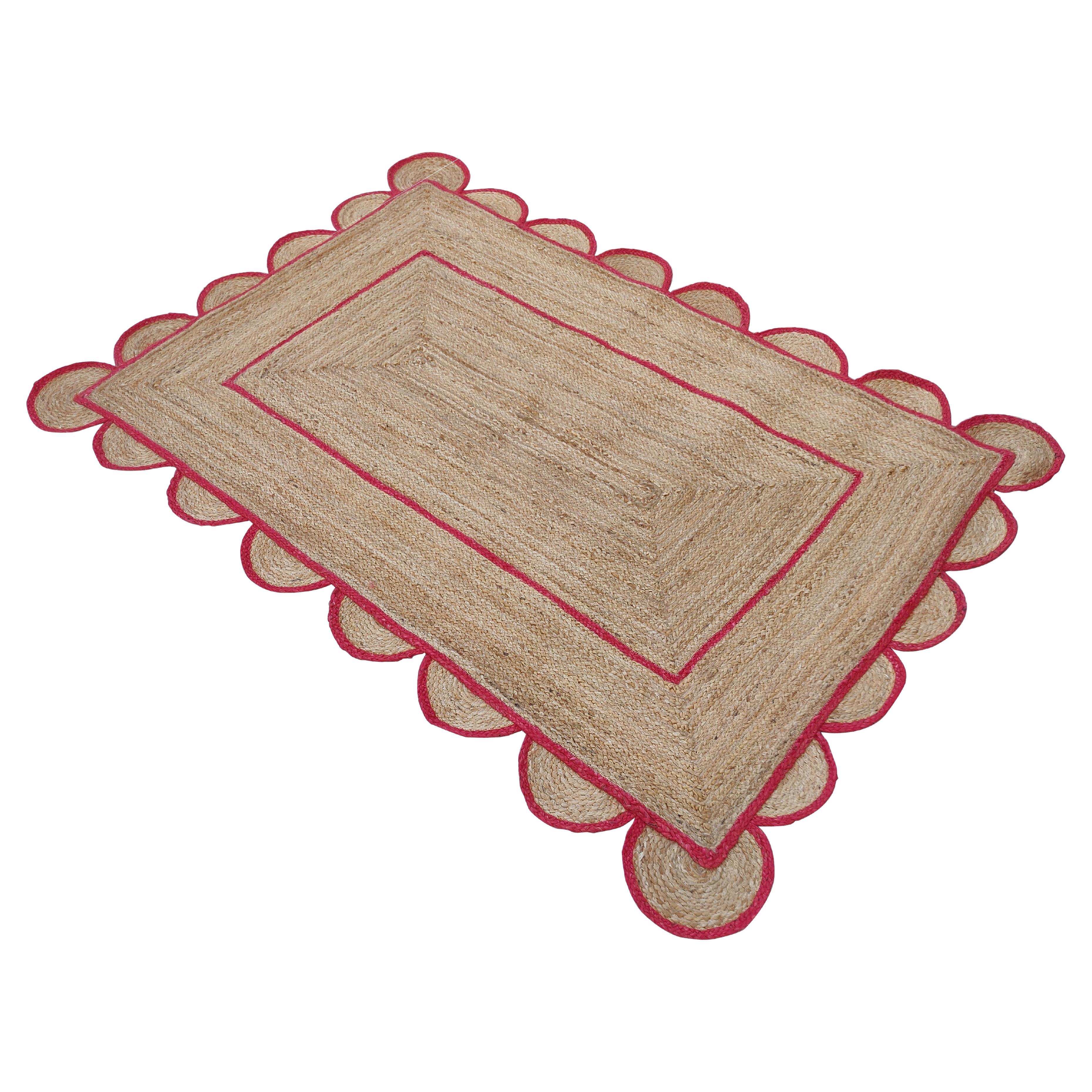 Handmade Jute Area Flat Weave Rug, 4x6 Red And Jute Scalloped Indian Dhurrie Rug For Sale