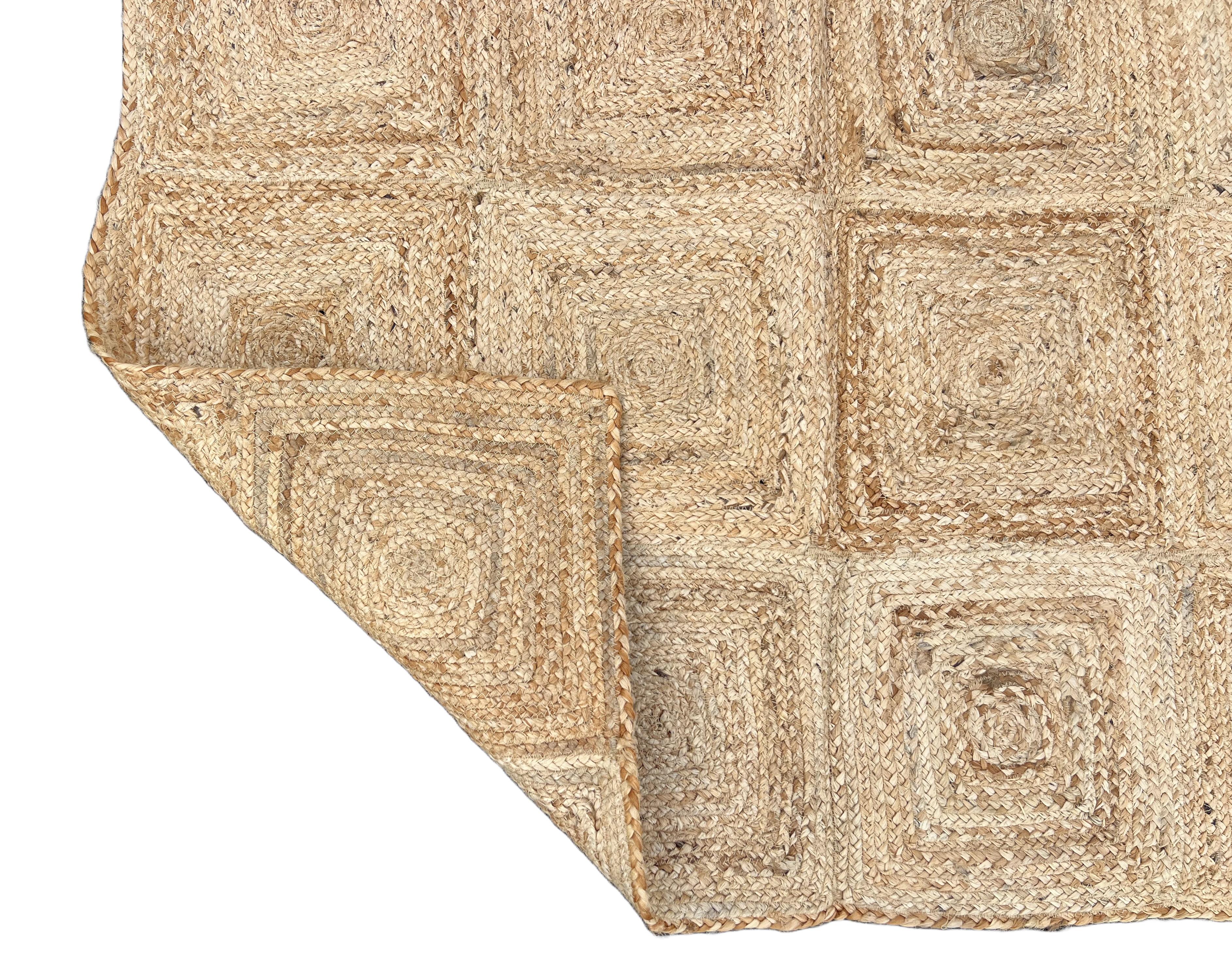 Handmade Jute Area Flat Weave Rug, 4x6 Solid Jute Checked Indian Dhurrie Kilim For Sale 4