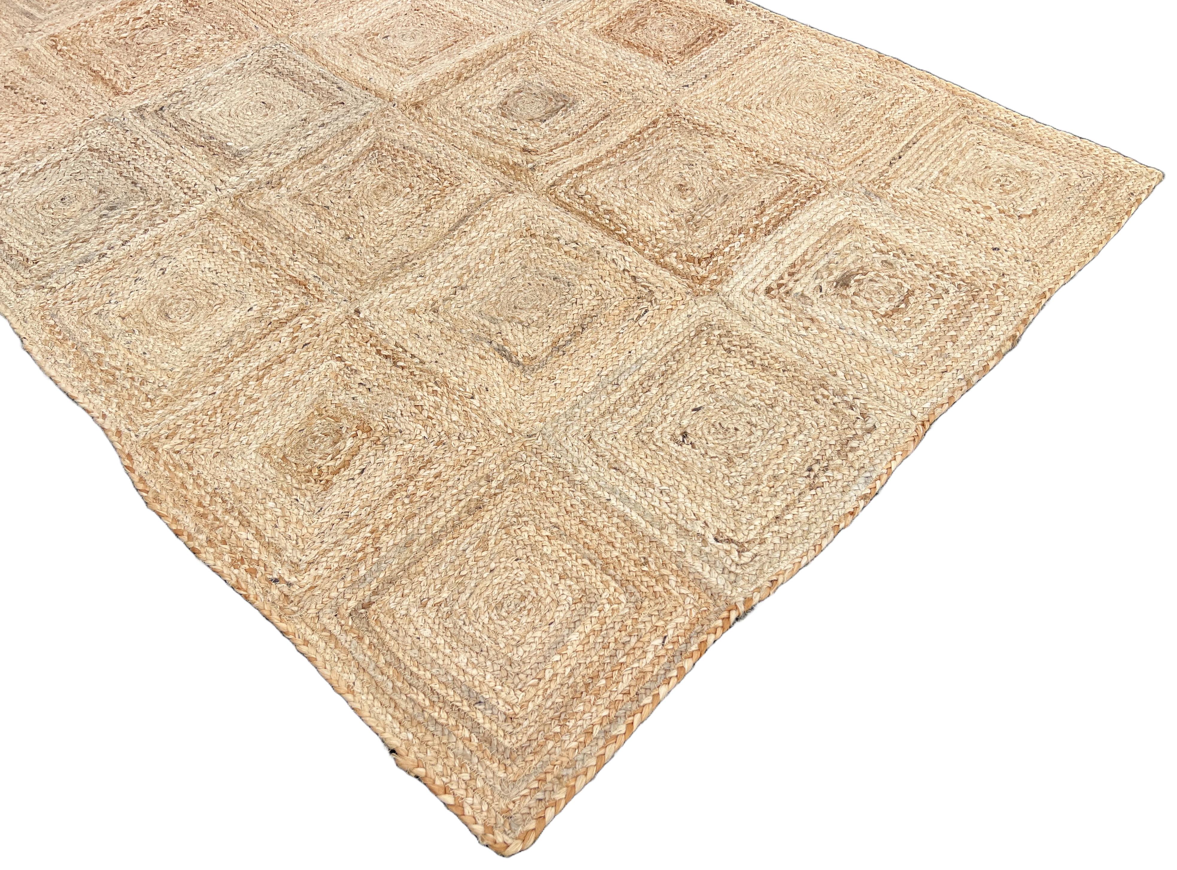 Hand-Woven Handmade Jute Area Flat Weave Rug, 4x6 Solid Jute Checked Indian Dhurrie Kilim For Sale