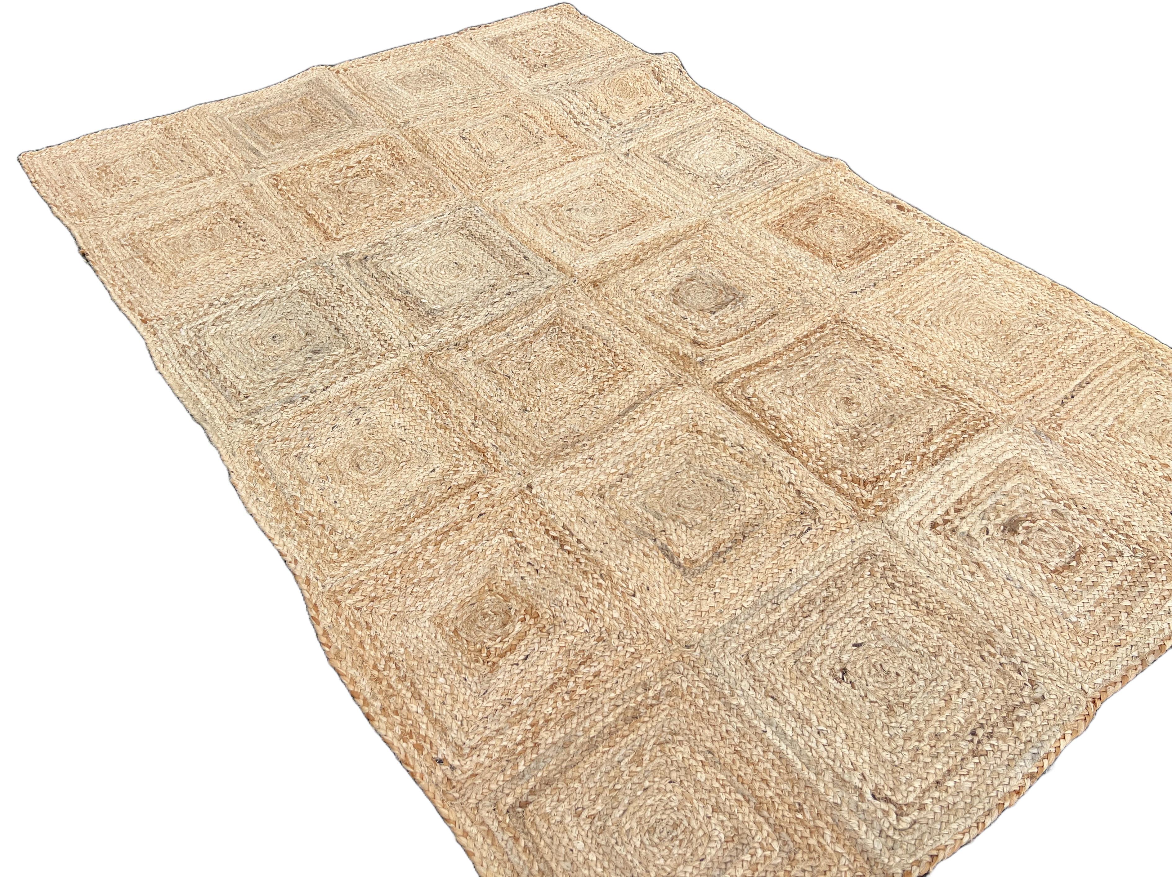Handmade Jute Area Flat Weave Rug, 4x6 Solid Jute Checked Indian Dhurrie Kilim In New Condition For Sale In Jaipur, IN