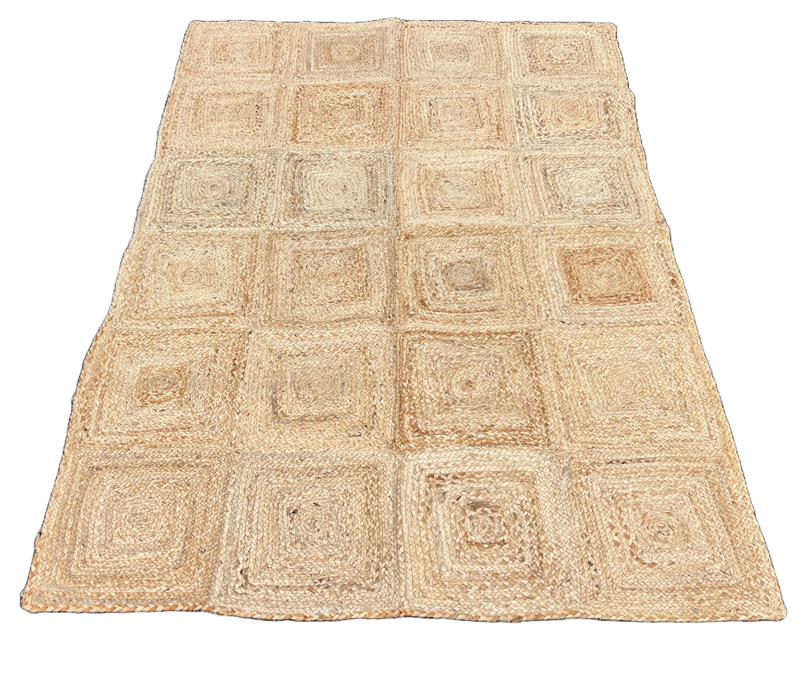 Contemporary Handmade Jute Area Flat Weave Rug, 4x6 Solid Jute Checked Indian Dhurrie Kilim For Sale