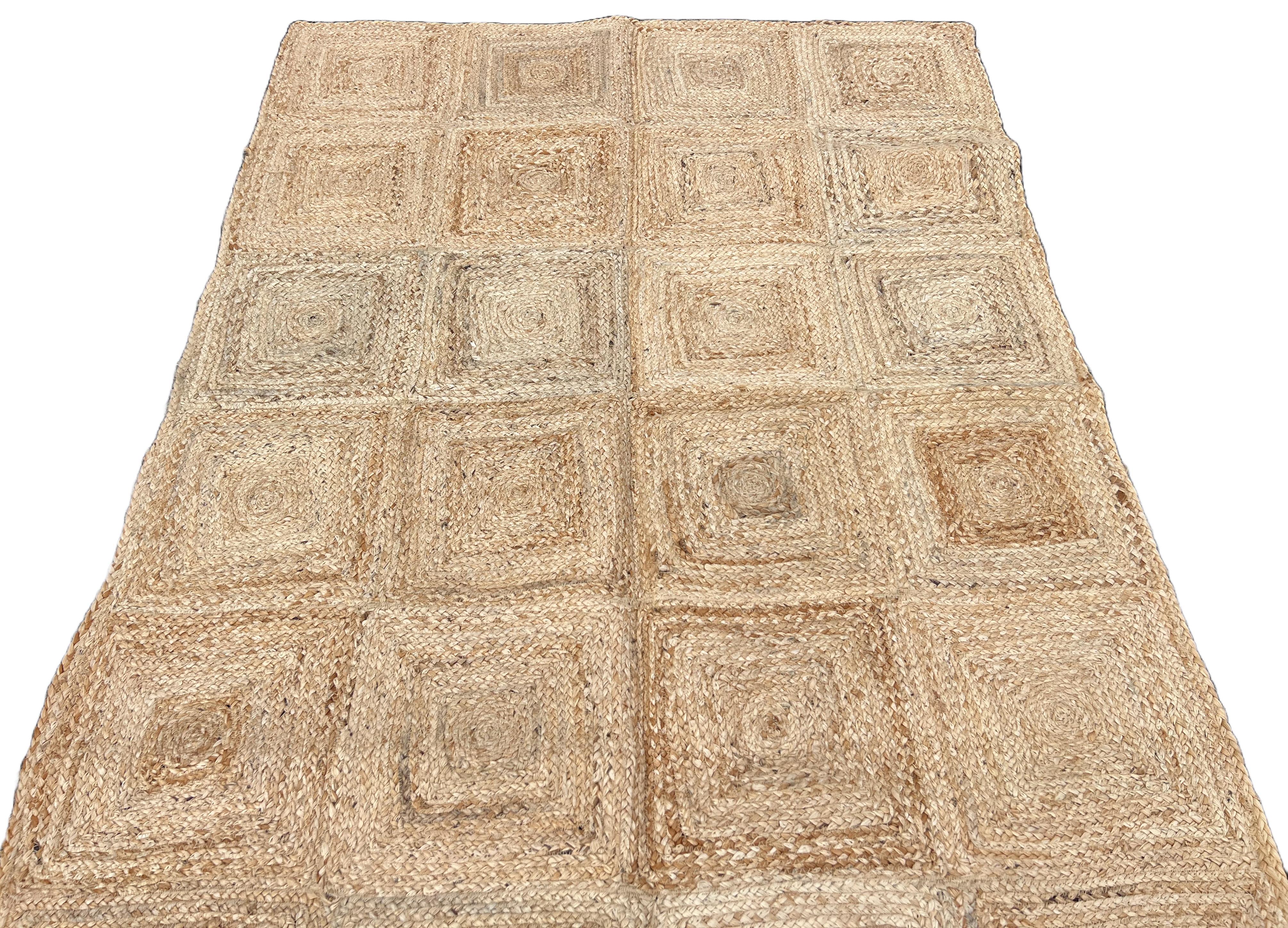 Handmade Jute Area Flat Weave Rug, 4x6 Solid Jute Checked Indian Dhurrie Kilim For Sale 1