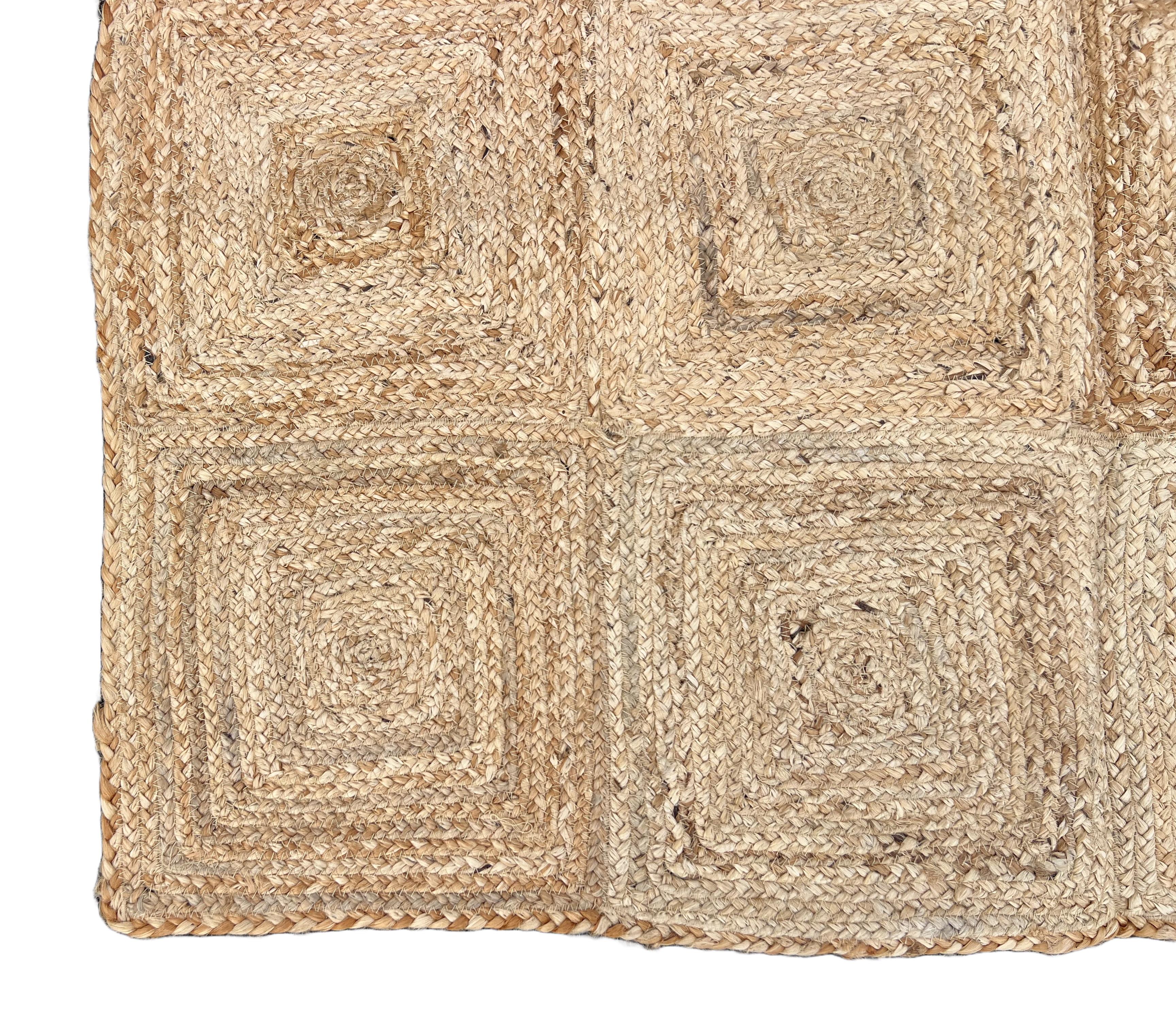 Handmade Jute Area Flat Weave Rug, 4x6 Solid Jute Checked Indian Dhurrie Kilim For Sale 3
