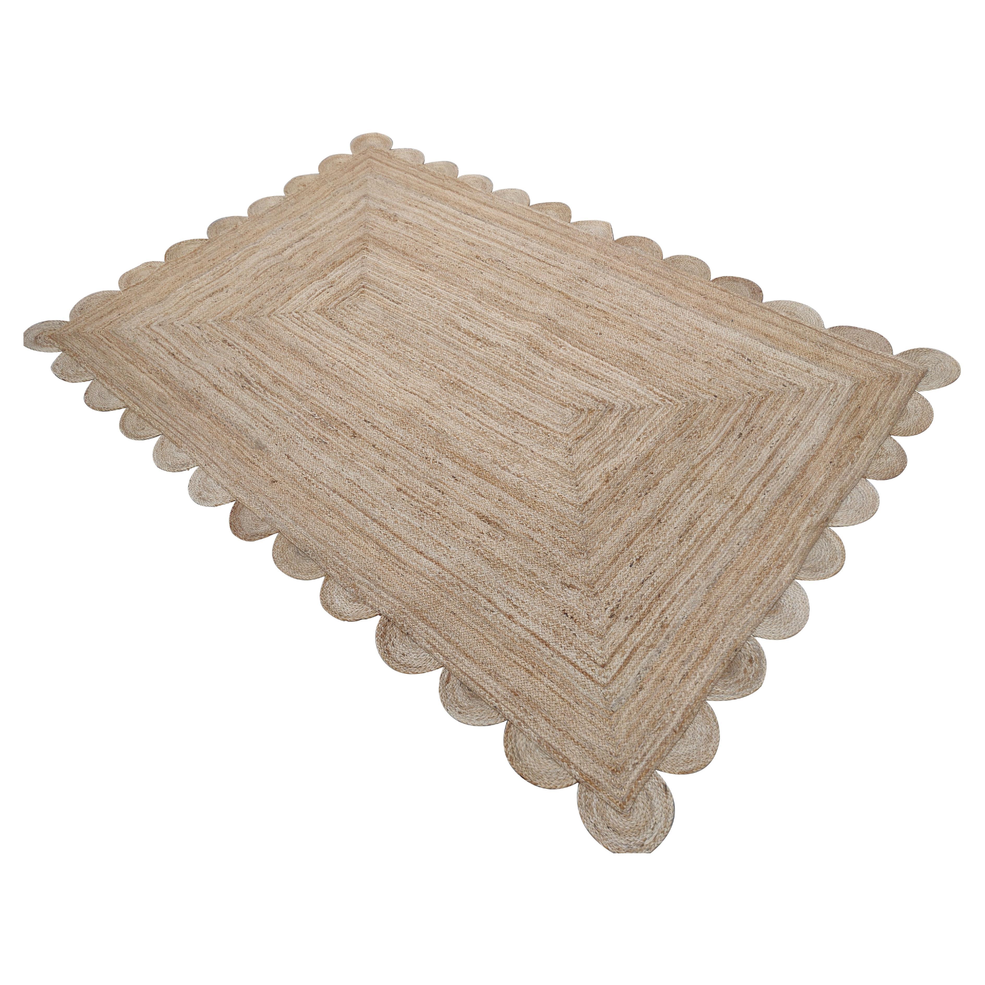 Handmade Jute Area Flat Weave Rug, 6x9 Solid Jute Scalloped Indian Dhurrie Rug For Sale