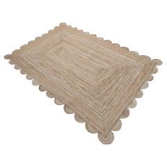 Handmade Jute Area Flat Weave Rug, 6x9 Solid Jute Scalloped Indian Dhurrie Rug