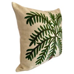Handmade Kashmiri Crewel Palm Tree Leaf Wool Pillow Cover Global Chic 18 x 18