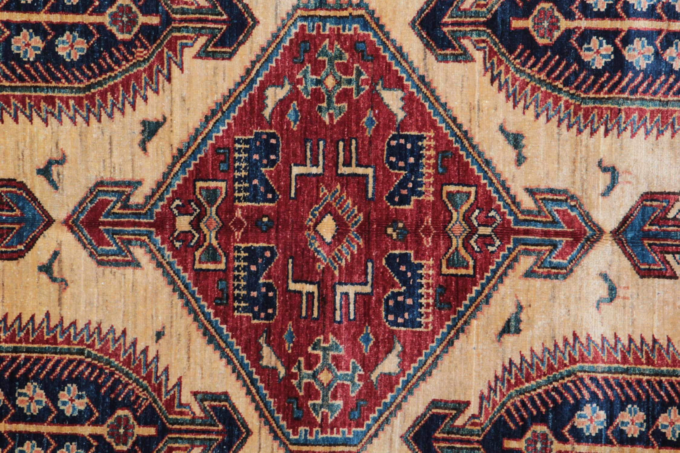 This new traditional handwoven carpet rug is featuring designs from the Kazak region. Traditional rugs are making the region of the northern Persia. This Yellow rug was made by Afghan weavers of top quality wool and cotton. This tribal rug features