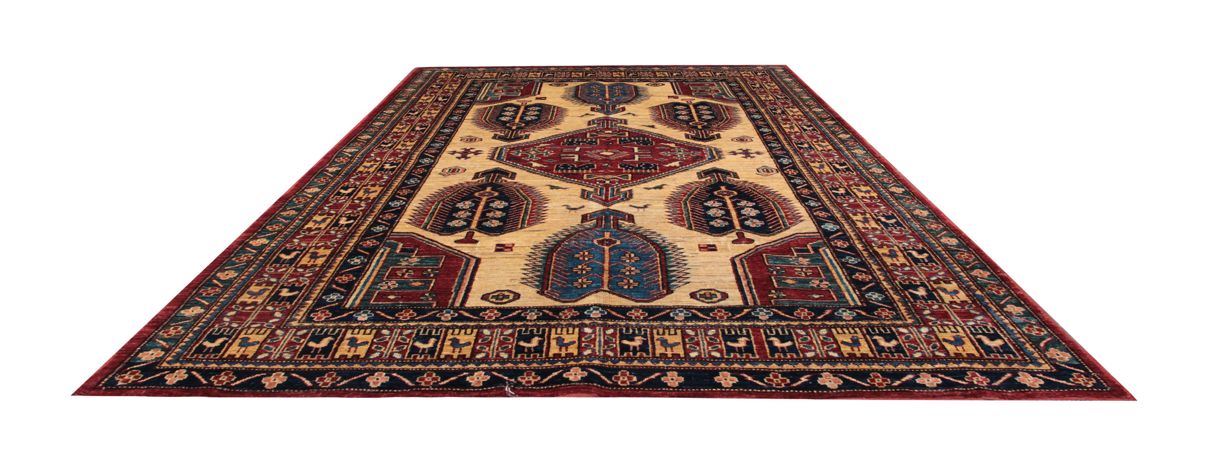 Afghan Handmade Kazak Cream Rugs, Traditional Carpet, Geometrical Gold Rug