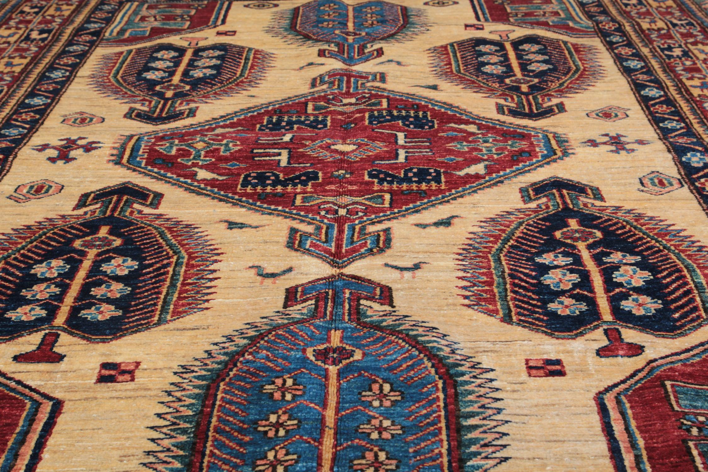 Vegetable Dyed Handmade Kazak Cream Rugs, Traditional Carpet, Geometrical Gold Rug