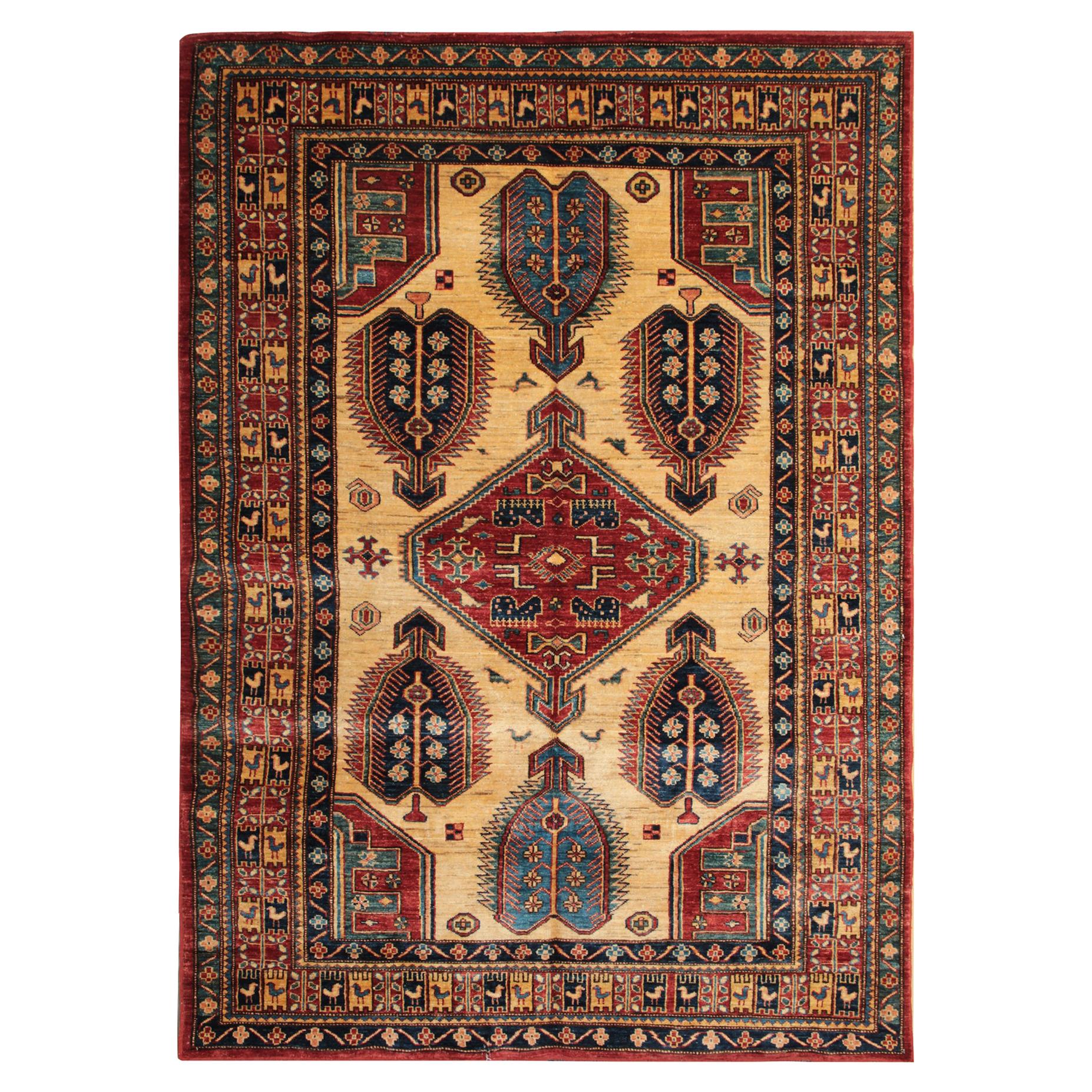 Handmade Kazak Cream Rugs, Traditional Carpet, Geometrical Gold Rug