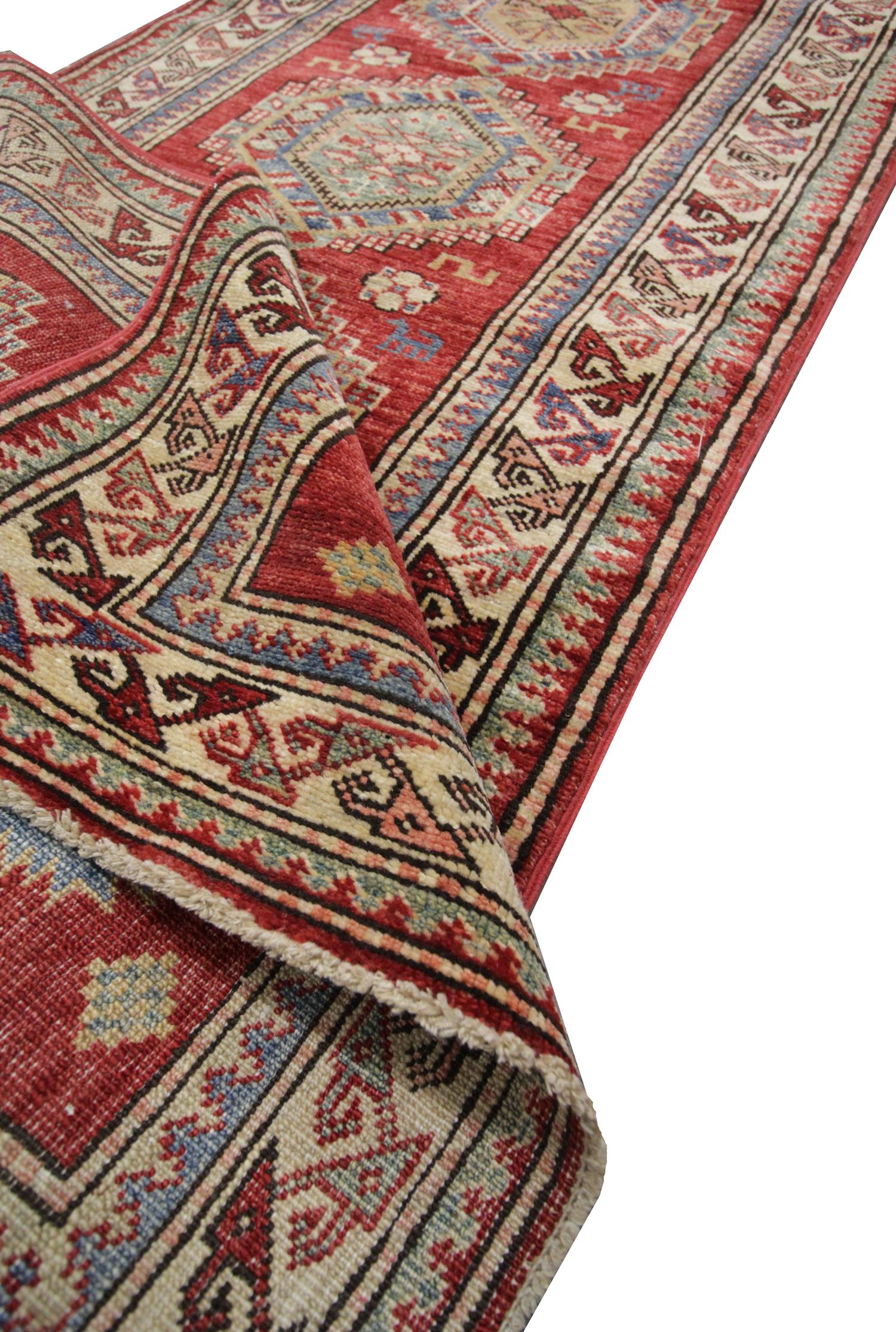 Lana Tappeto orientale Kazak fatto a mano, tappeto per corridoi e scale dell'Asia centrale 300x68 cm in vendita