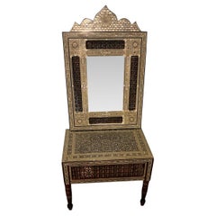 Vintage Damascene Moorish Decorative Inlay Tea Table With Matching Wall Mirror 
