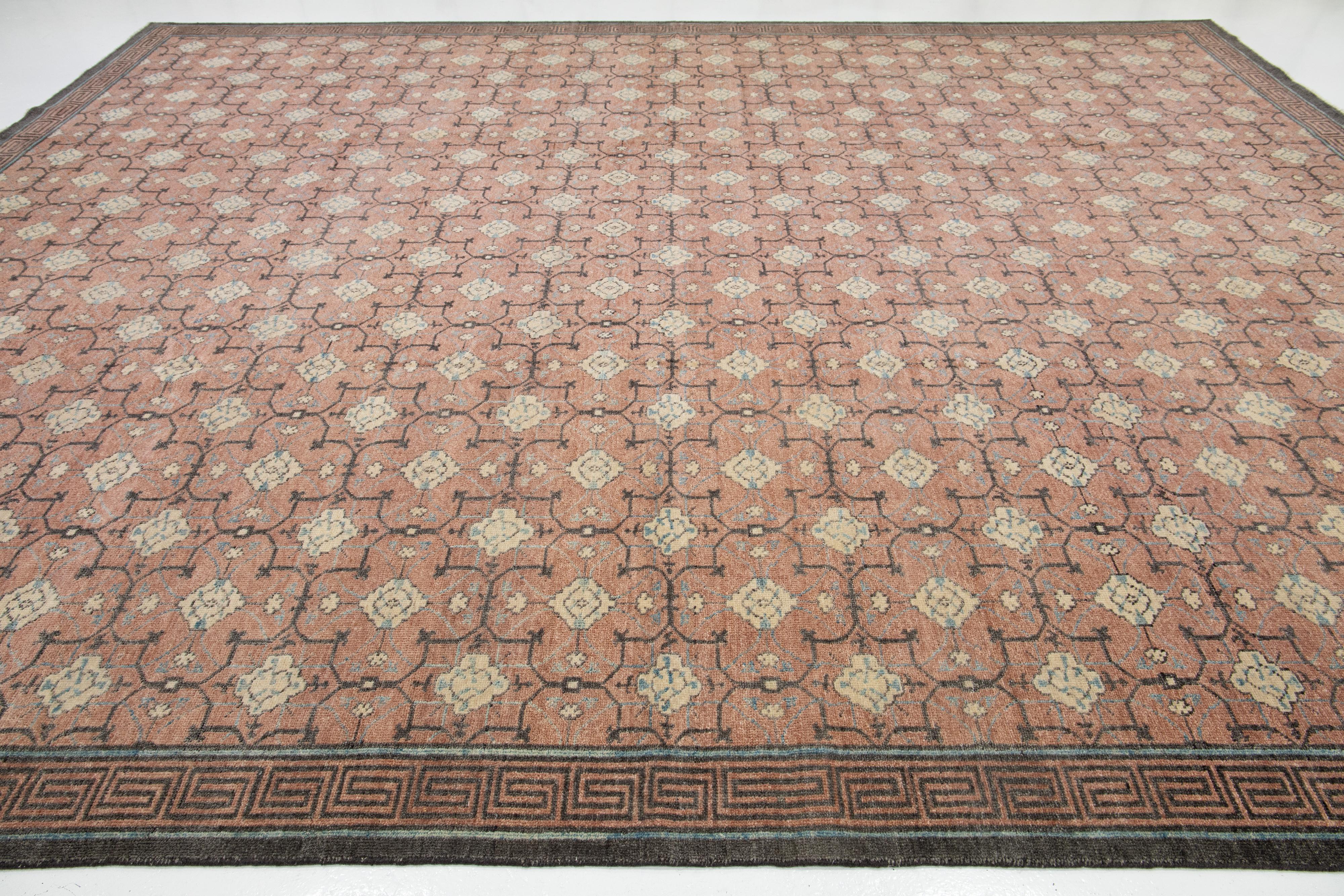 Handmade Khotan Style Modern Wool Rug With Geometric Design In Brown In New Condition For Sale In Norwalk, CT