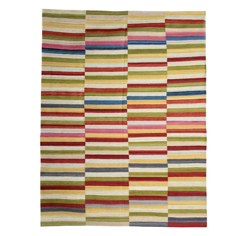 Handmade Kilim Rug, Modern Striped MultiColoured Wool Area Rug For Sale at 1stDibs
