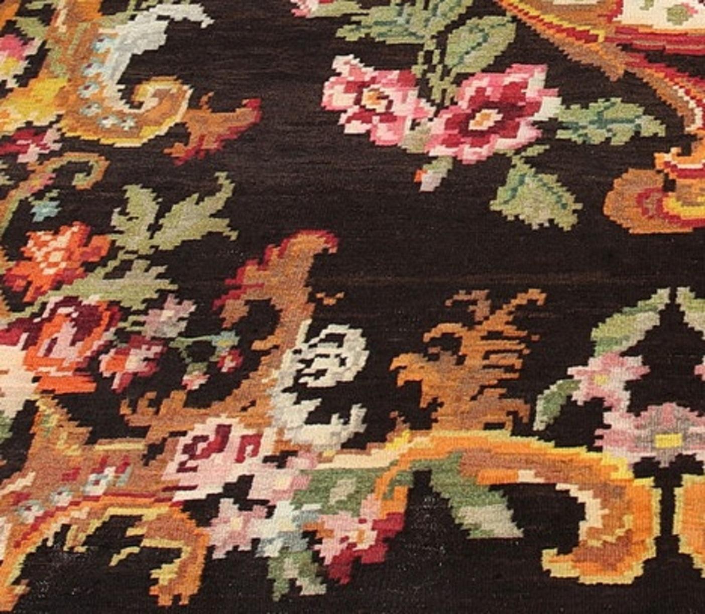 Mid-20th Century Handmade Kilim Rug Traditional Floral Carpet Livingroom Moldavian Kelim Brown  For Sale