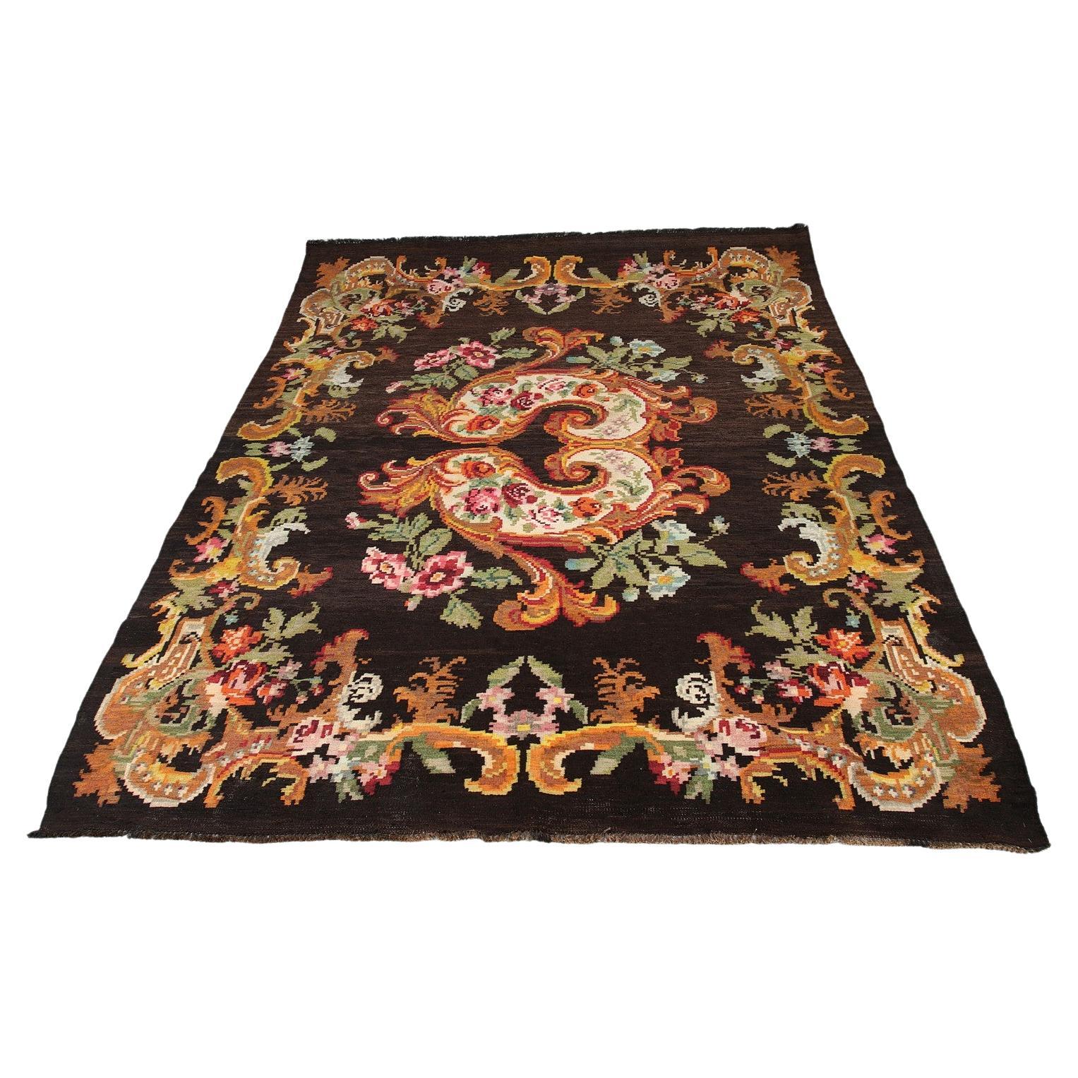 Handmade Kilim Rug Traditional Floral Carpet Livingroom Moldavian Kelim Brown  For Sale