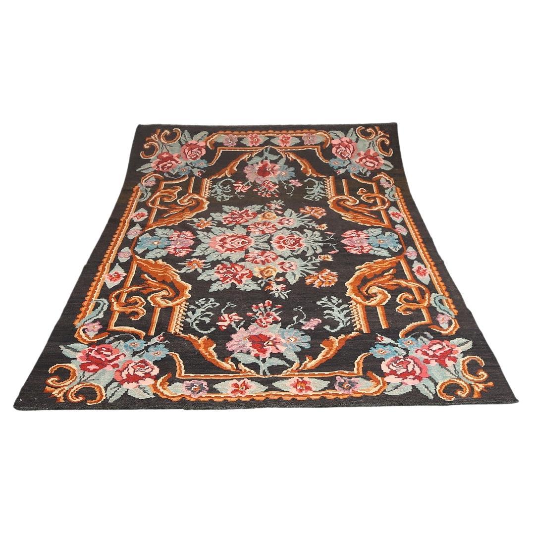 Handmade Kilim Rug Traditional Floral Carpet Livingroom Moldavian Kelim Brown For Sale