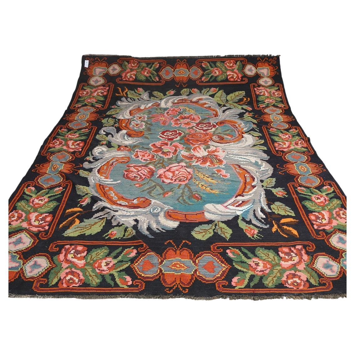 Handmade Kilim Rug Traditional Floral Carpet Livingroom Moldavian Kelim Brown For Sale