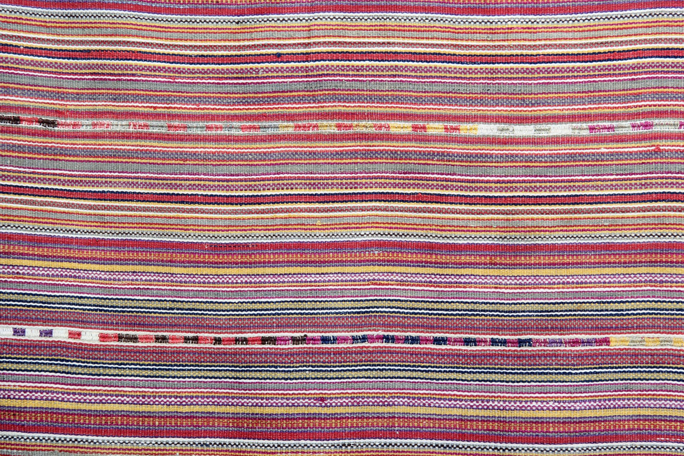 Azerbaijani Handmade Kilim Rugs, Antique Wool Jajim, Striped Red Cream Wool Textile For Sale