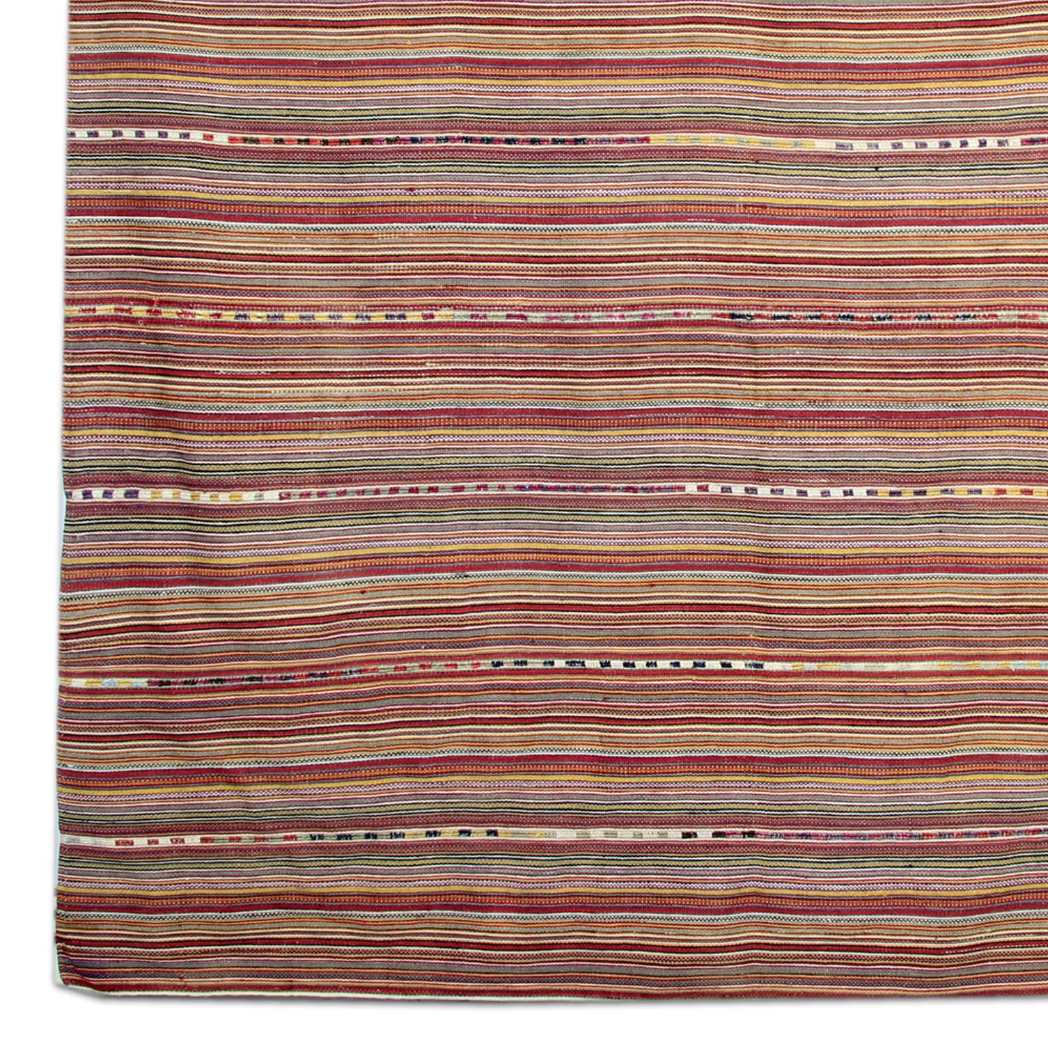 Handmade Kilim Rugs, Antique Wool Jajim, Striped Red Cream Wool Textile In Excellent Condition For Sale In Hampshire, GB