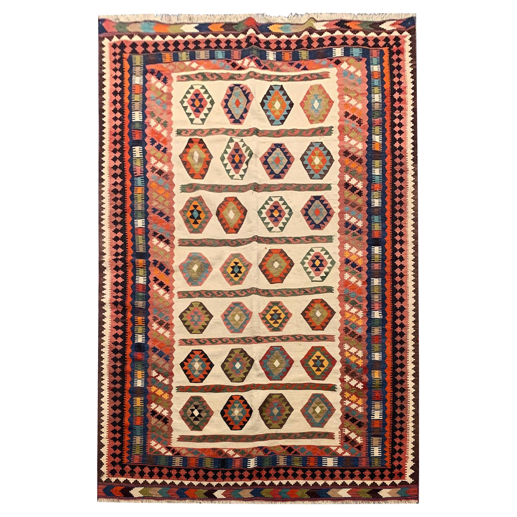 Handgefertigter antiker Kelims-Kelim-Teppich, geometrischer Wollteppich im Angebot
