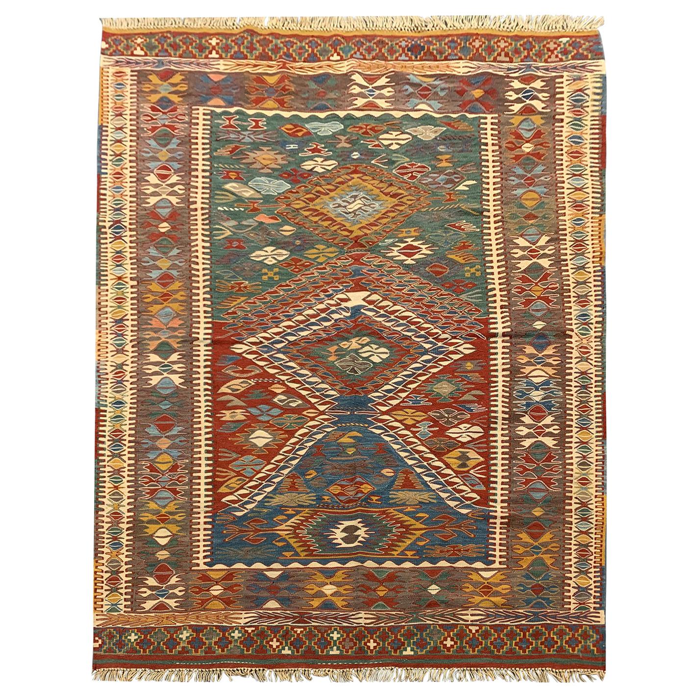 Handgefertigter antiker türkischer Kelims-Teppich, orientalischer Flachgewebe-Teppich