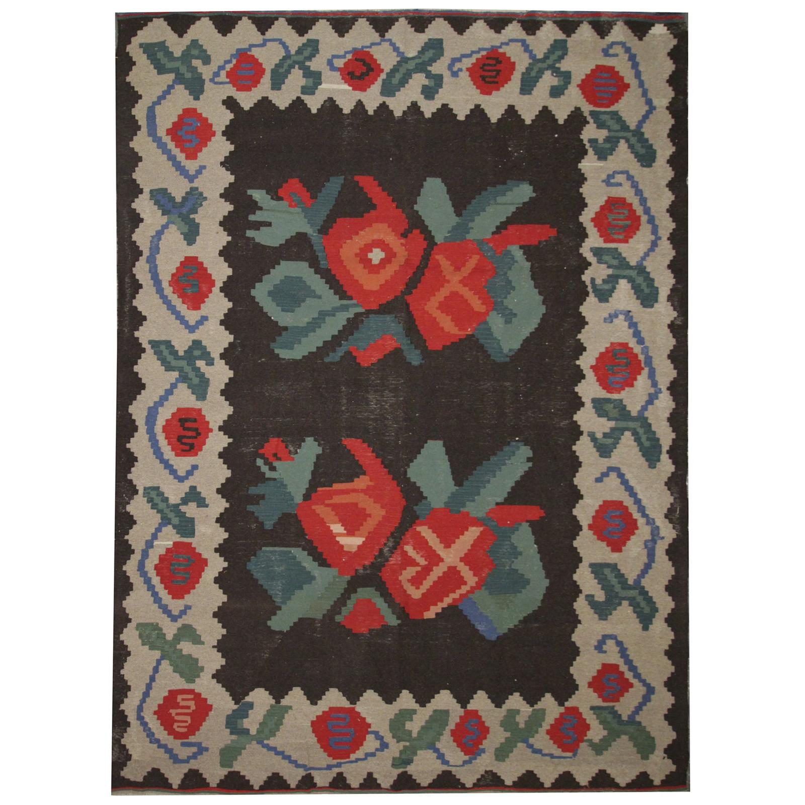 Handmade Kilims Vintage Carpet Floral Moldovan Kilim Rug For Sale