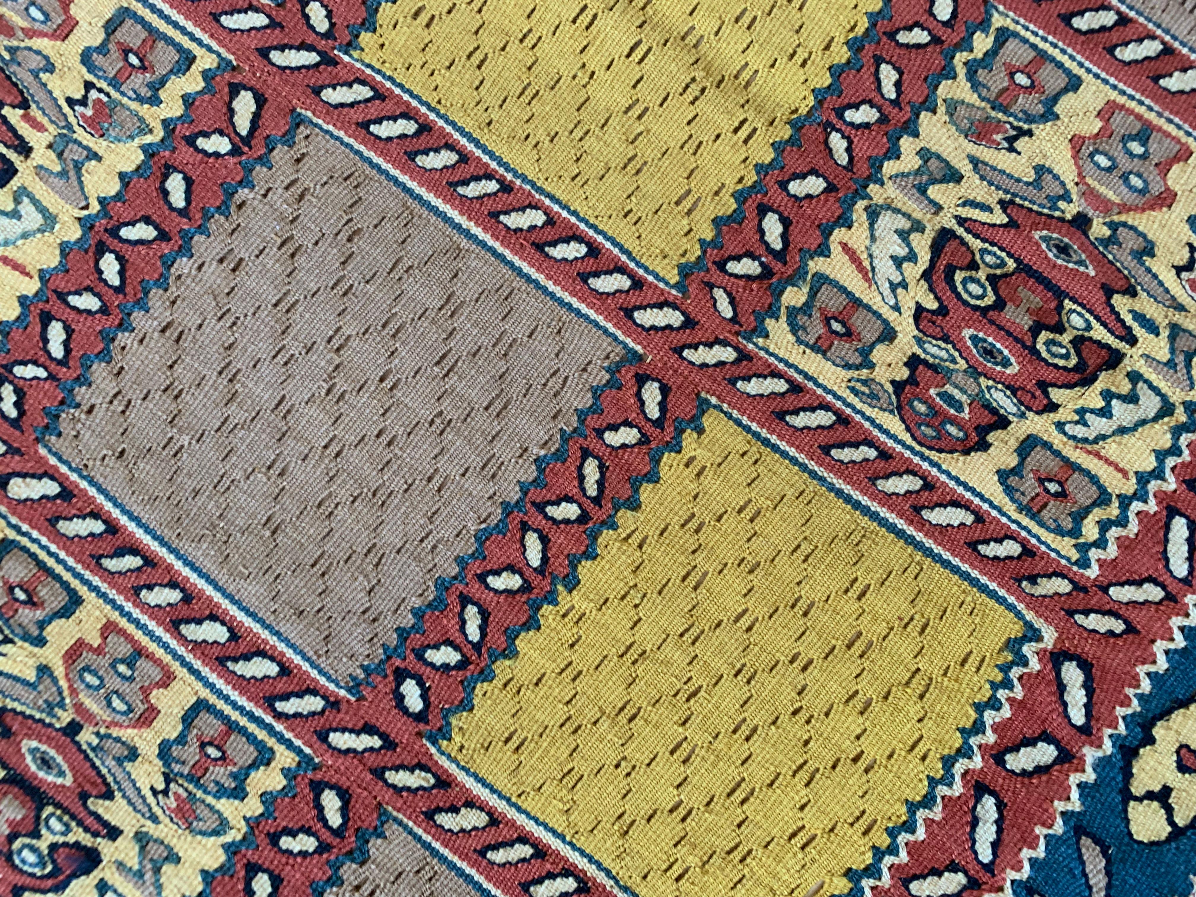 Handmade Kurdish Runner Rug Long Oriental Silk & Wool Flatwoven Rug For Sale 8