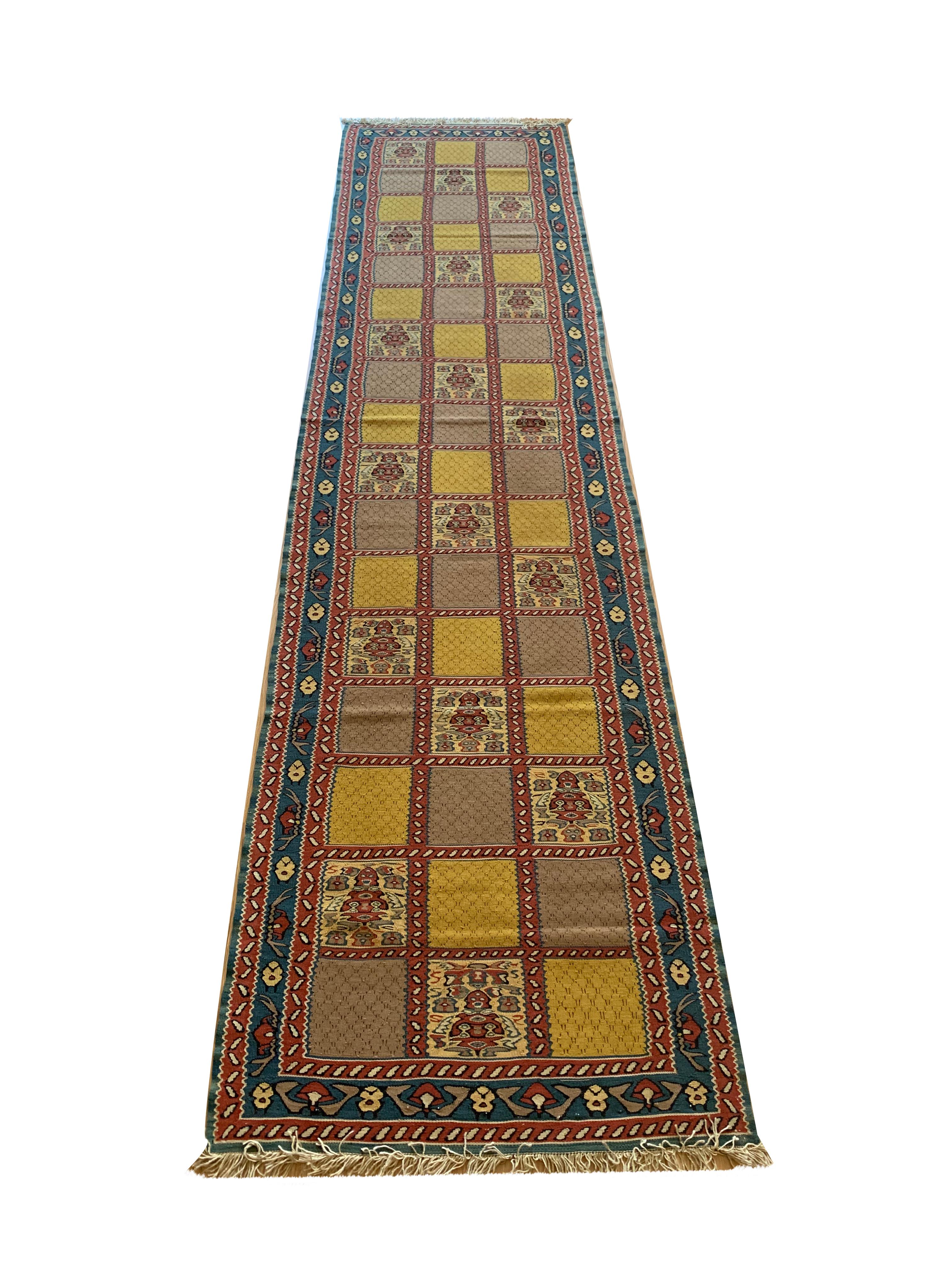 Vegetable Dyed Handmade Kurdish Runner Rug Long Oriental Silk & Wool Flatwoven Rug For Sale