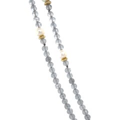 Handmade Labradorite & Pearl Beaded Necklace, 14 Karat Gold 17.7 Inches